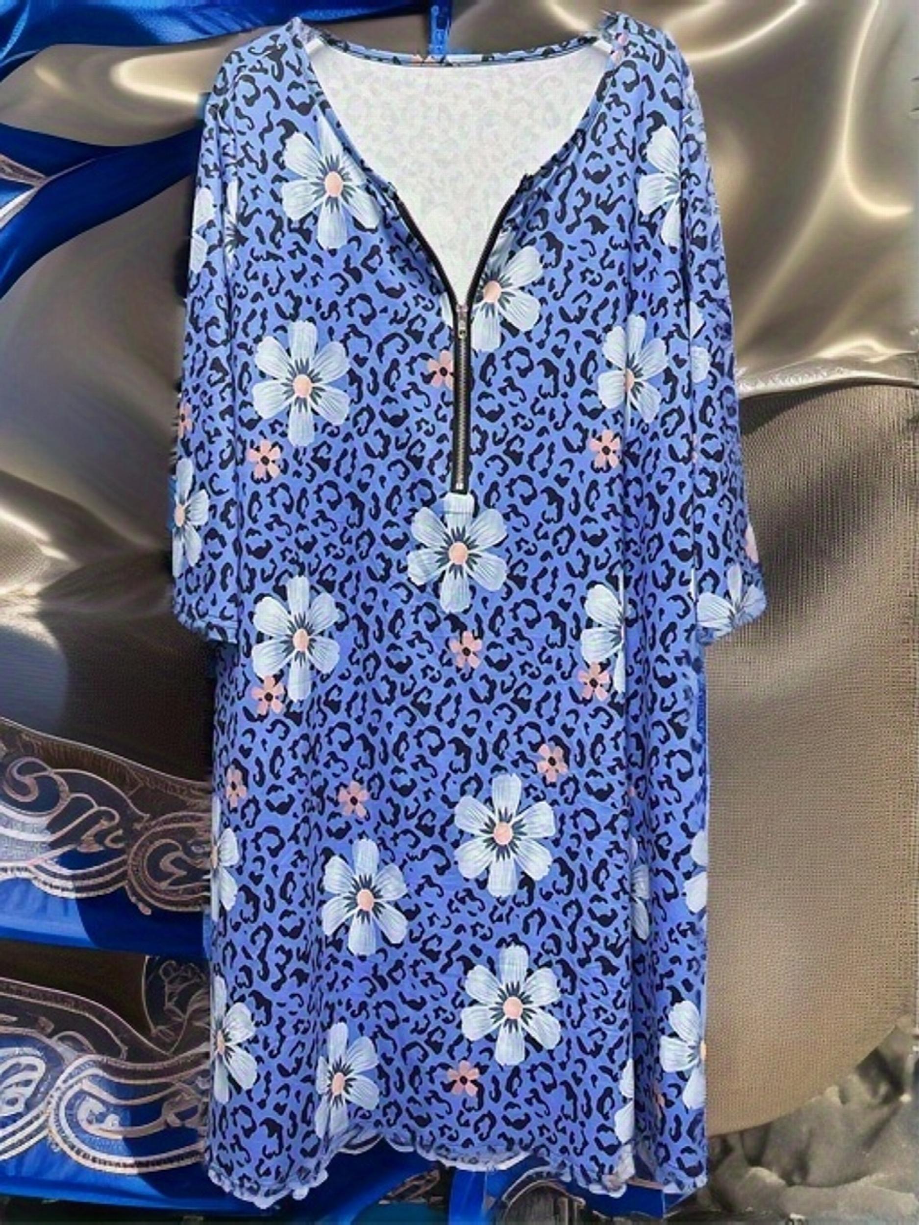 Plus Floral & Leopard Print Zipper Long Sleeve Dress