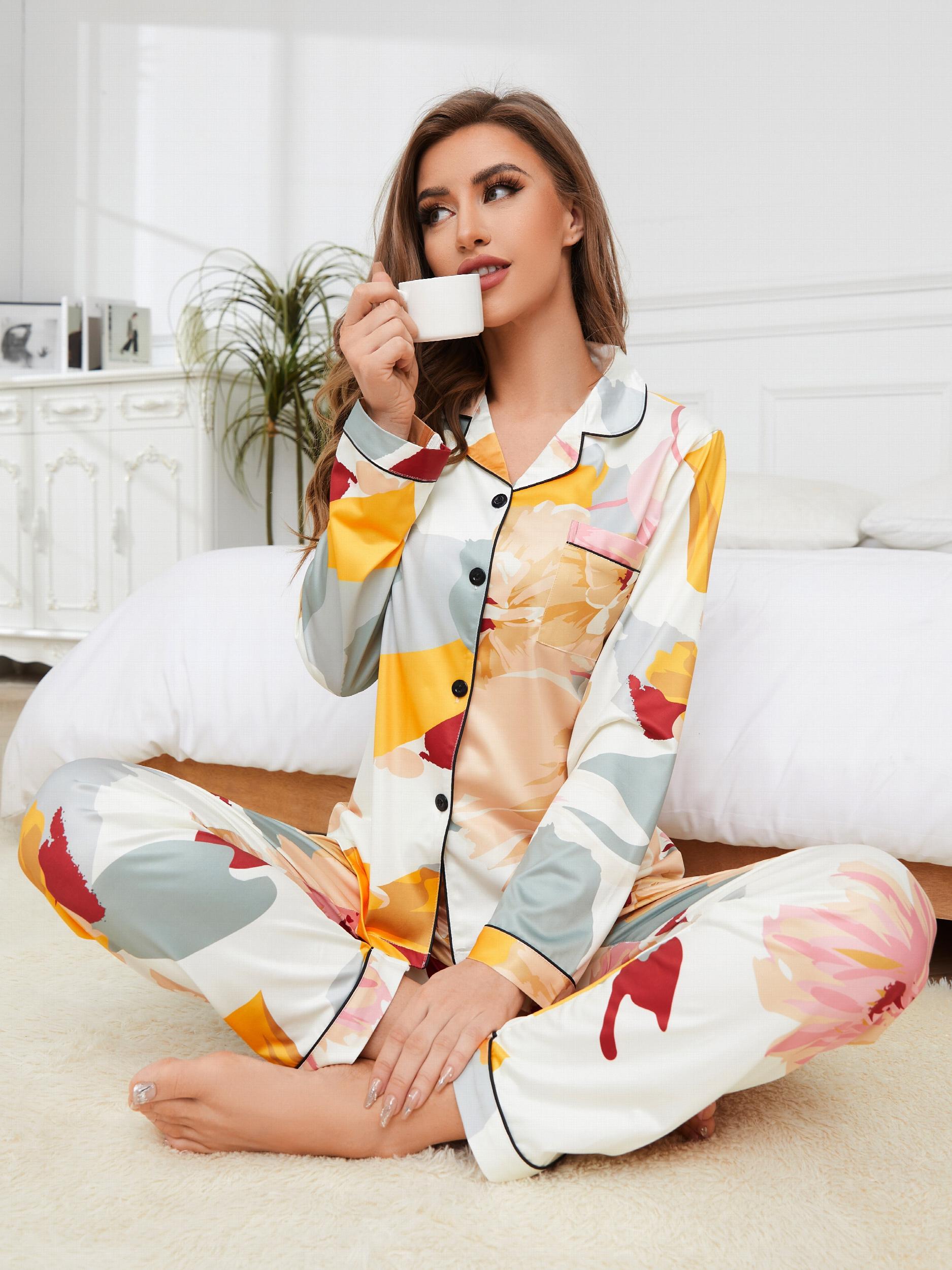 Floral Print Pajama Set Long Sleeve Top & Elastic Waistband Pants