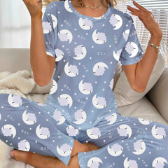 Moon & Cloud Pajama Set Short Sleeve Top & Pants Women's Sleepwear