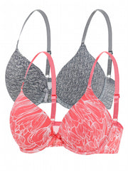 2pcs Floral & Solid Push Up Bras Comfortable & Breathable Women's Lingerie