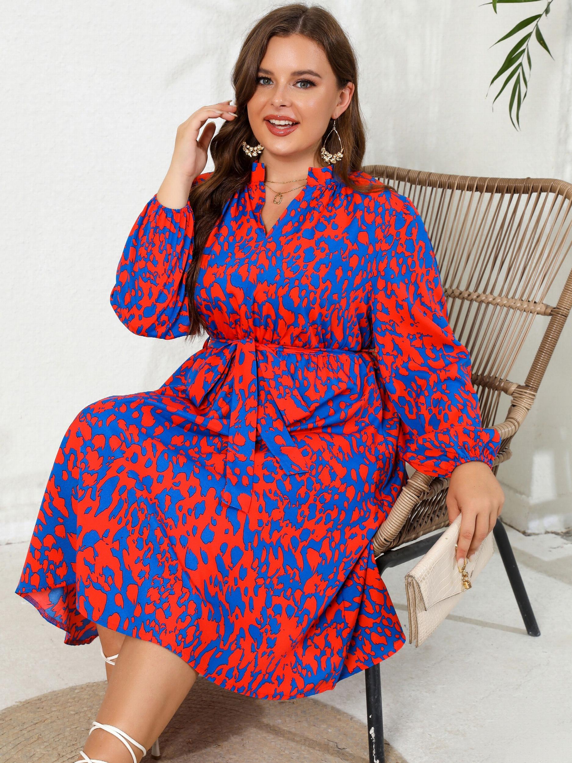 Leopard Print Lantern Sleeve A Line Dress With Belt