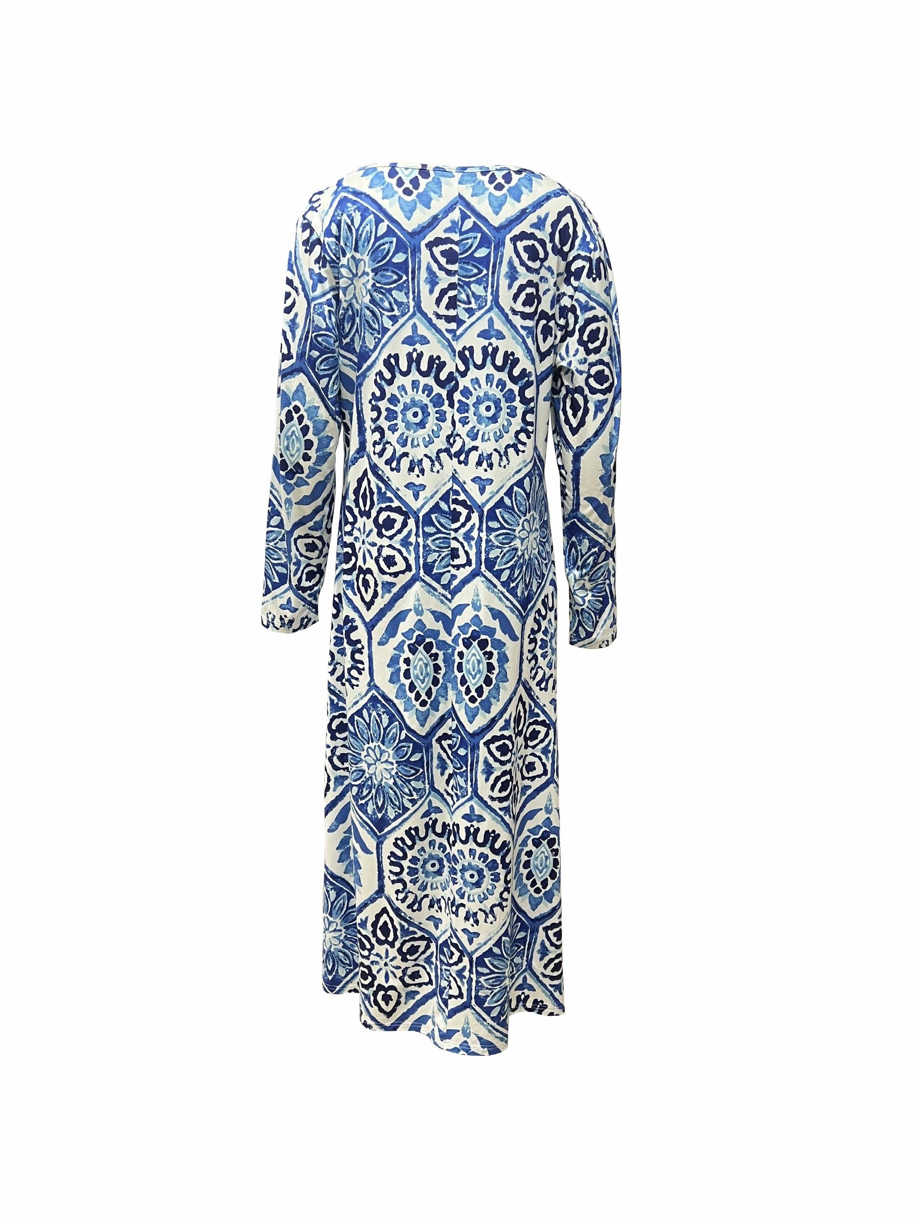 Boho Maxi Dress Plus Size Allover Print Long Sleeve Round Neck