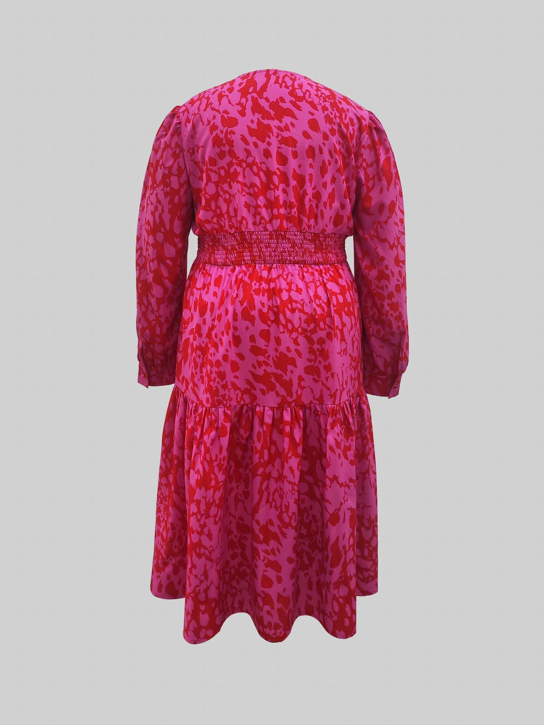  Allover Print Button Decor Midi Smock Dress