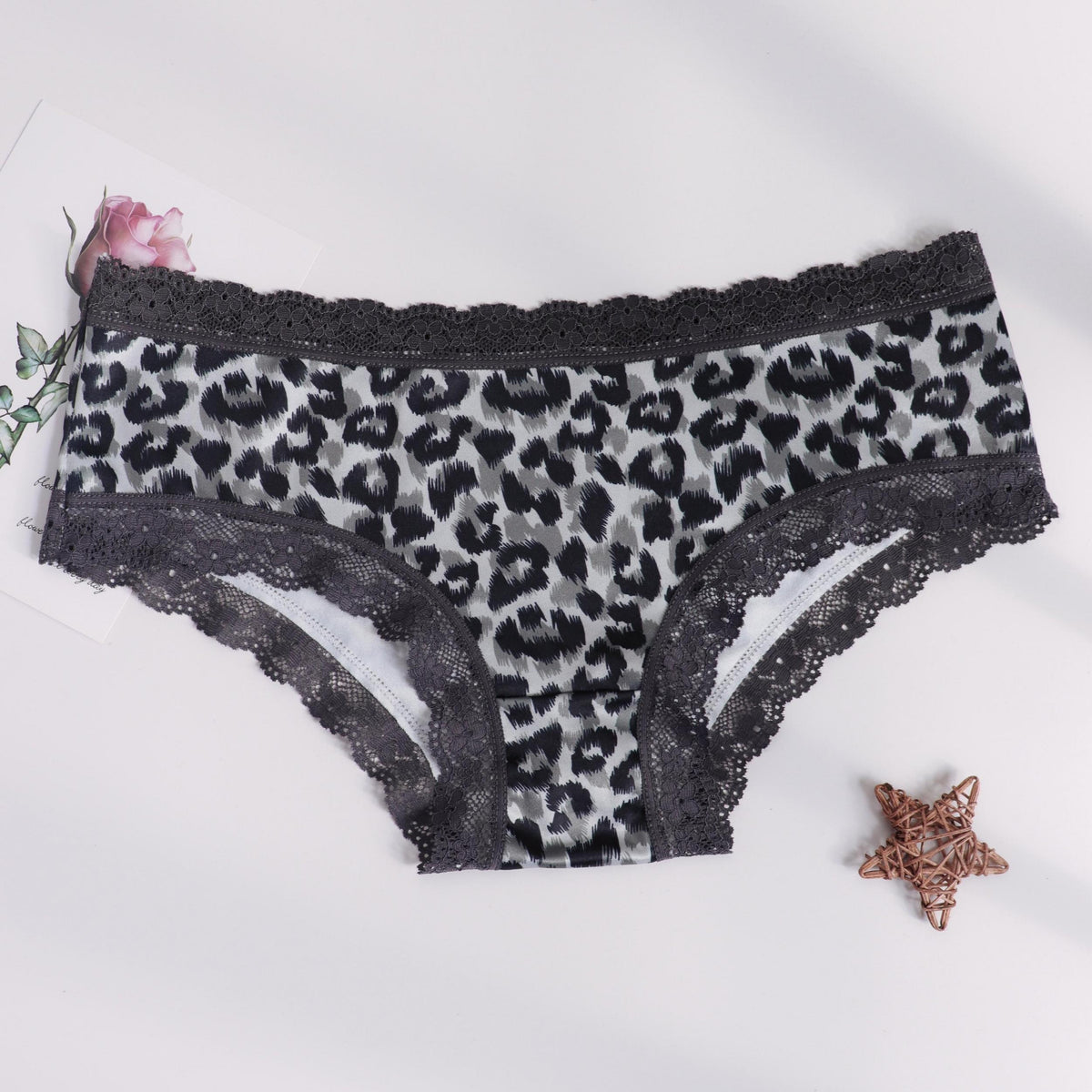  Leopard Print Low Waist Lace Trim Underwear