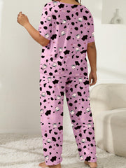  Cow & Letter Print Pajama Set Short Sleeve Tee & Pants Two Piece