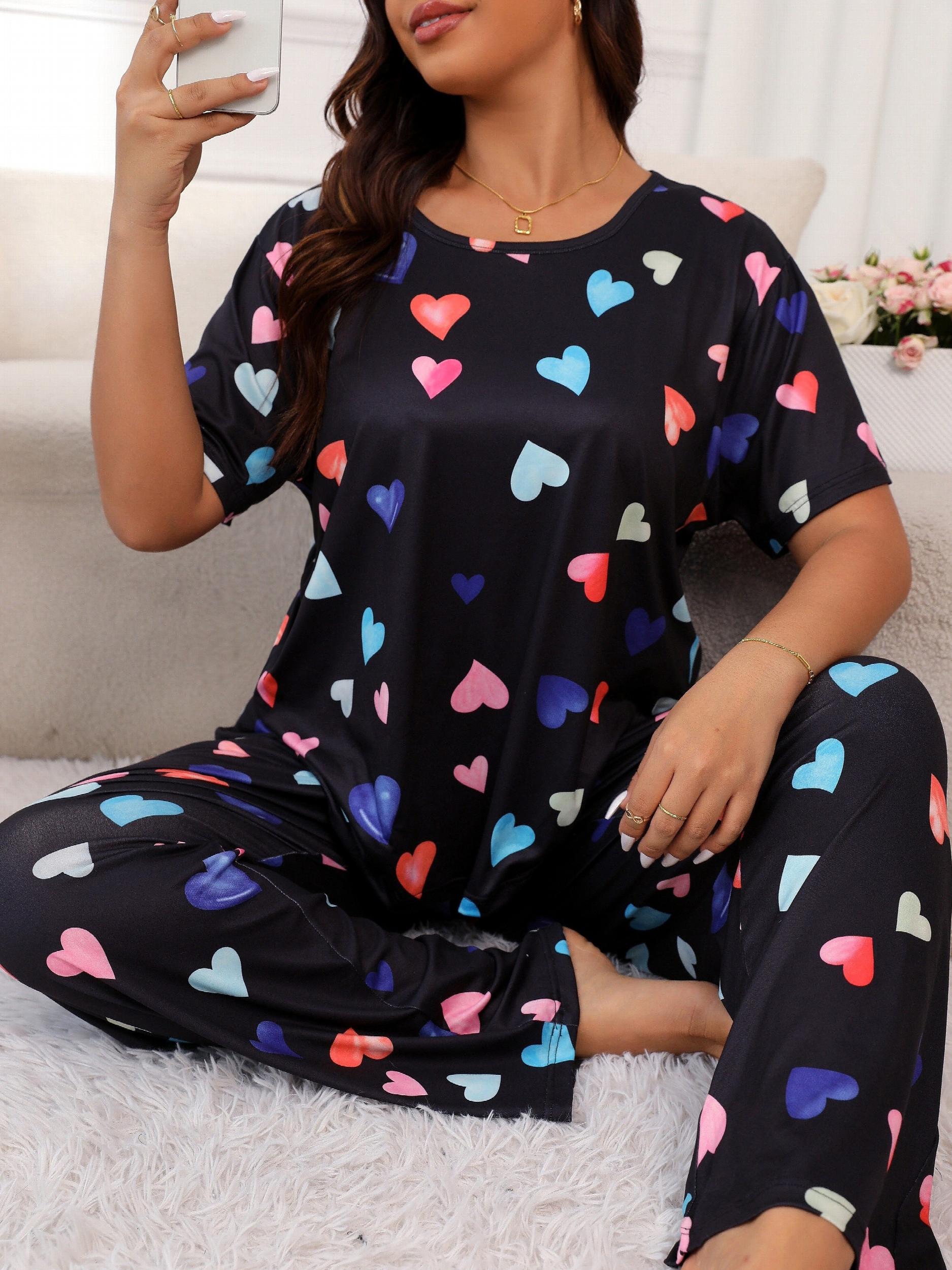 Heart Print Pajamas Set Short Sleeve Tee & Pants Loungewear
