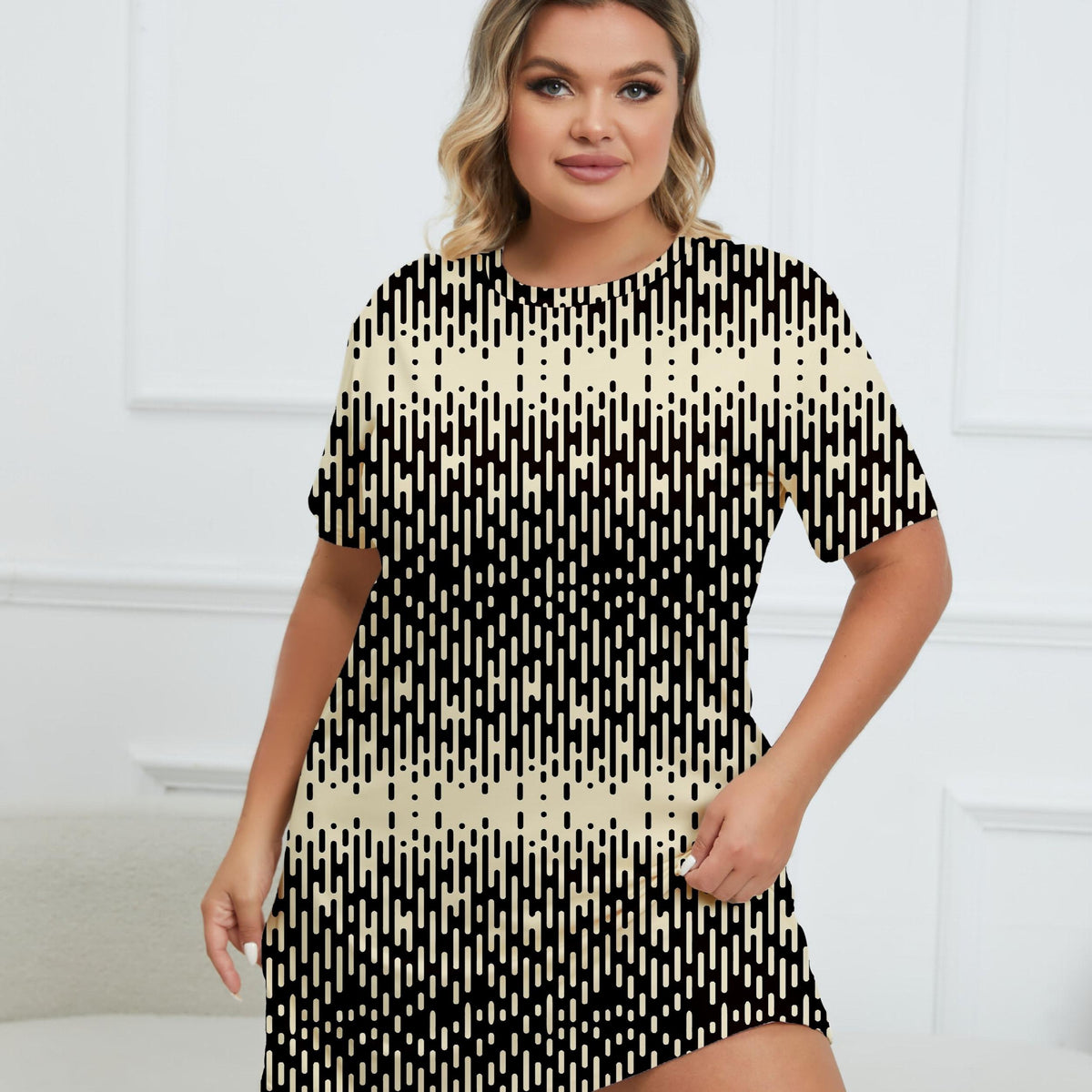  Striped Round Neck Short Sleeve Loungewear Dress