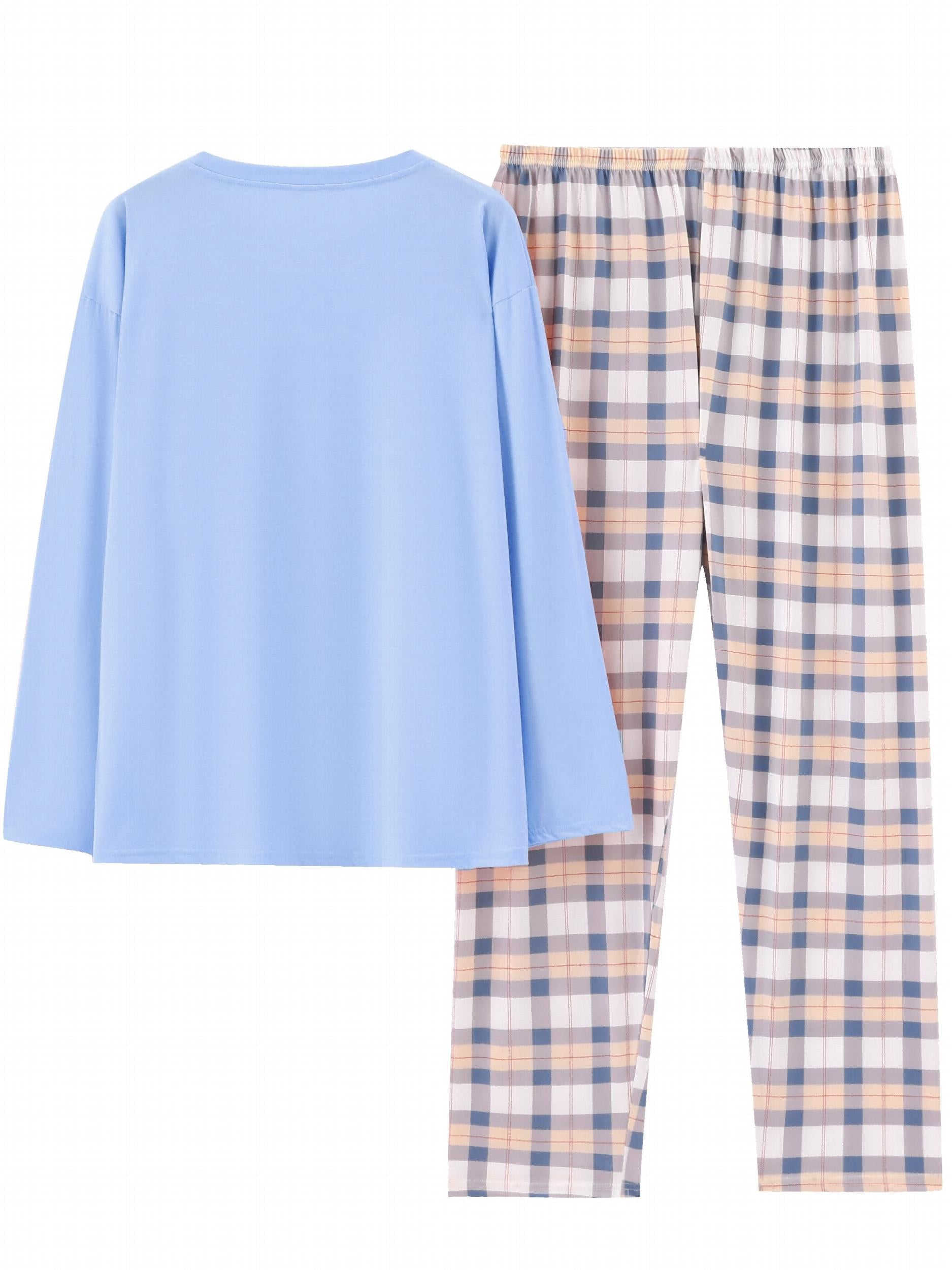  Casual Pajamas Set Women's Soft Tee & Plaid Pants 2pcs Set