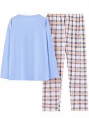  Casual Pajamas Set Women's Soft Tee & Plaid Pants 2pcs Set