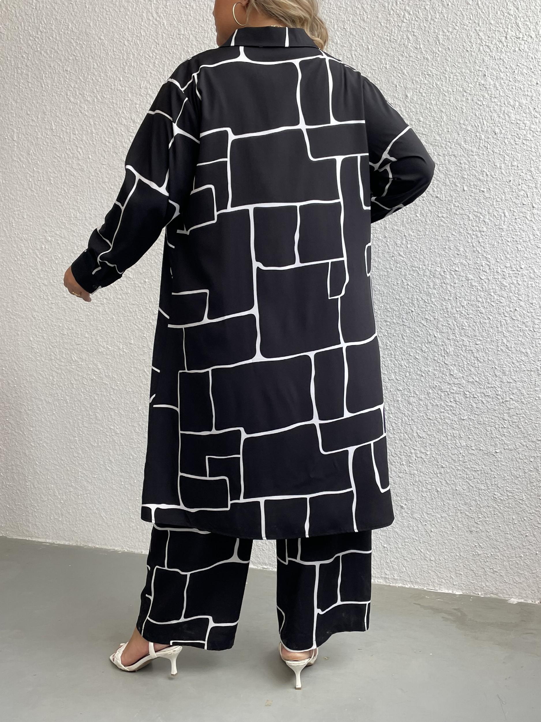  Geo Print Long Sleeve Button Shirt Dress