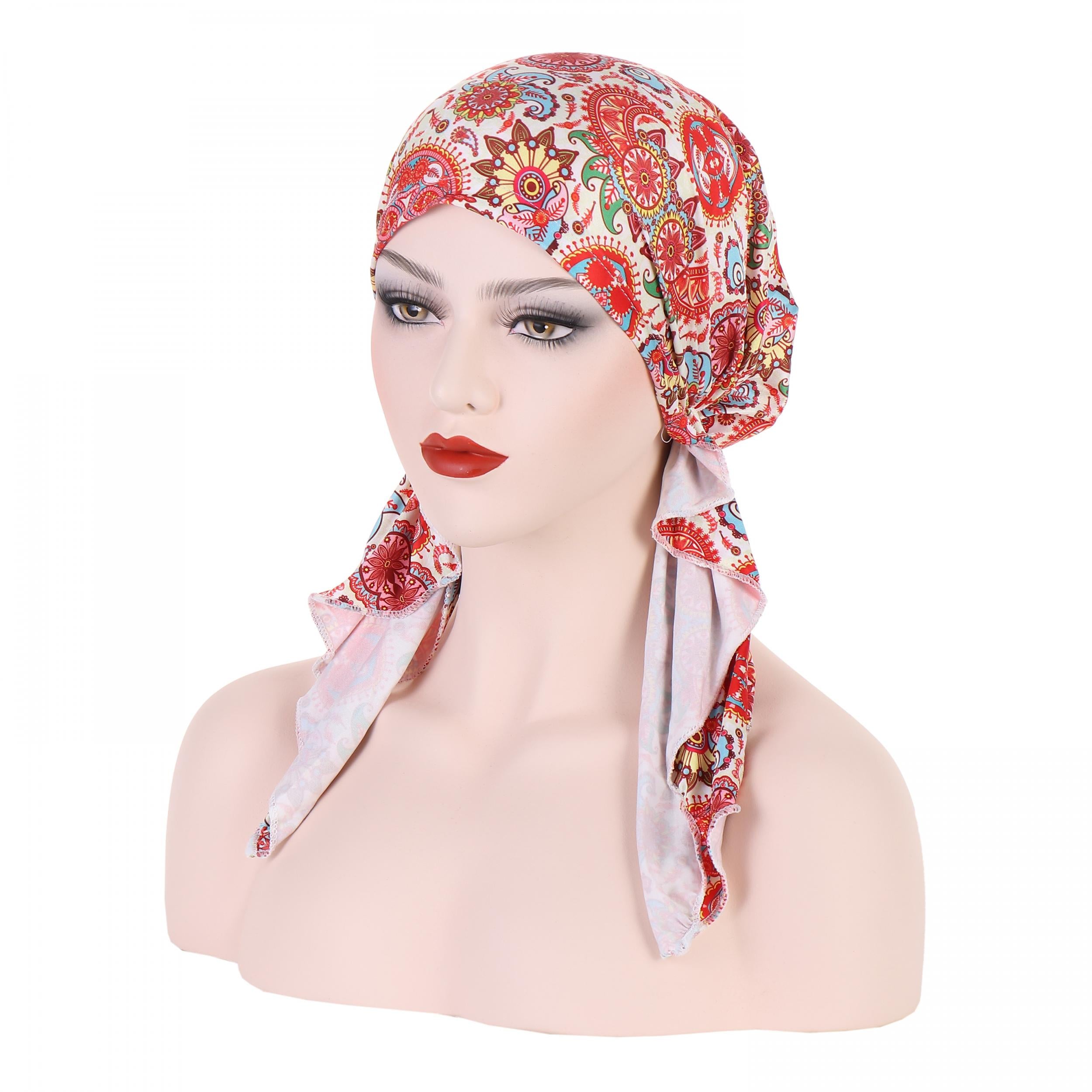 Flower Print Boho Turban Cap Lace Up Headwrap Beanie