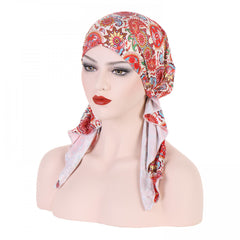 Flower Print Boho Turban Cap Lace Up Headwrap Beanie