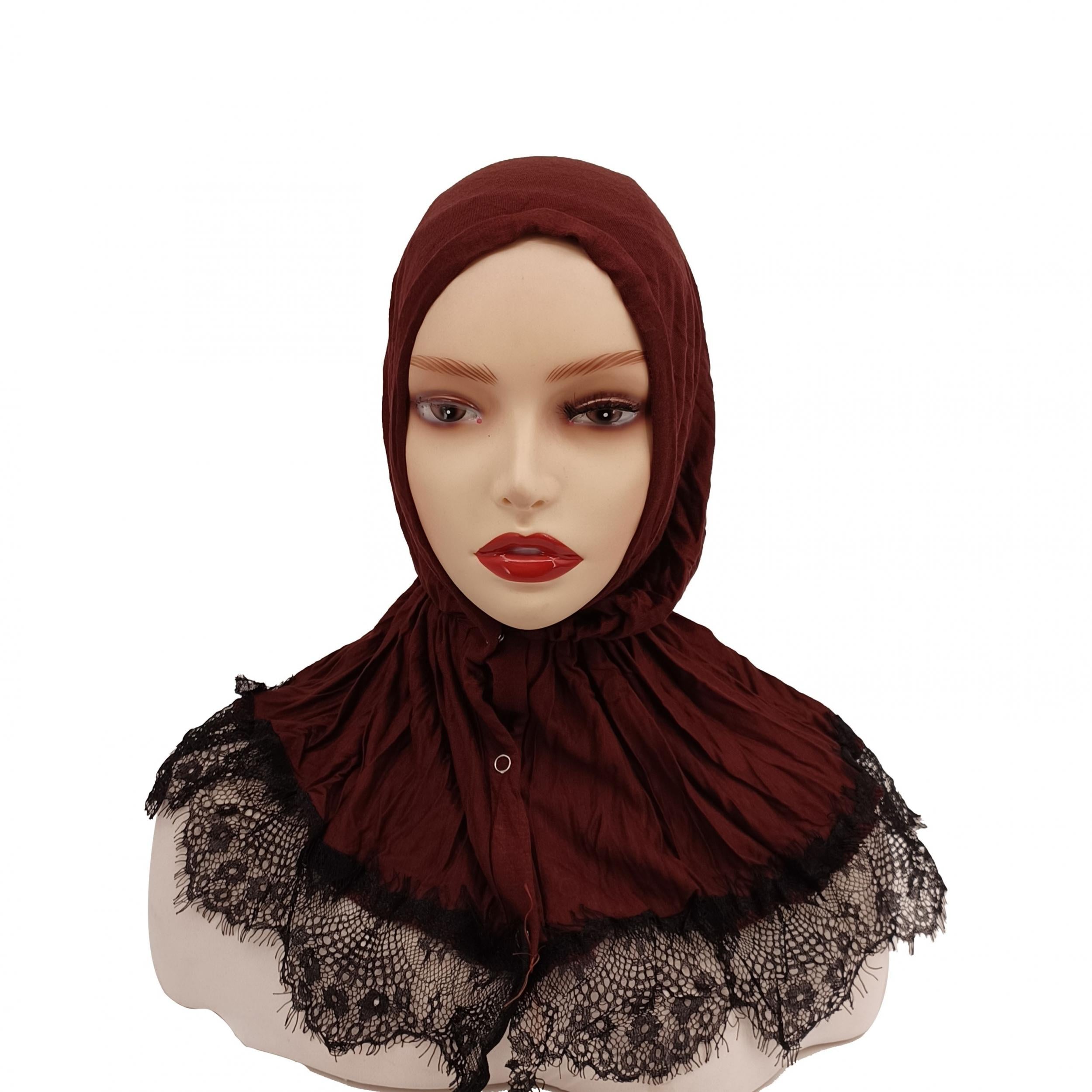 Lace Hijab Snap Button Head Scarf Women Solid Turban Elastic Ramadan