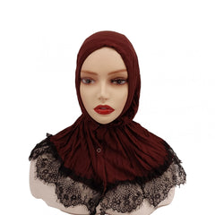 Lace Hijab Snap Button Head Scarf Women Solid Turban Elastic Ramadan