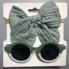 2pcs Baby Girls Bowknot Hairbands & Flower Sunglasses Set