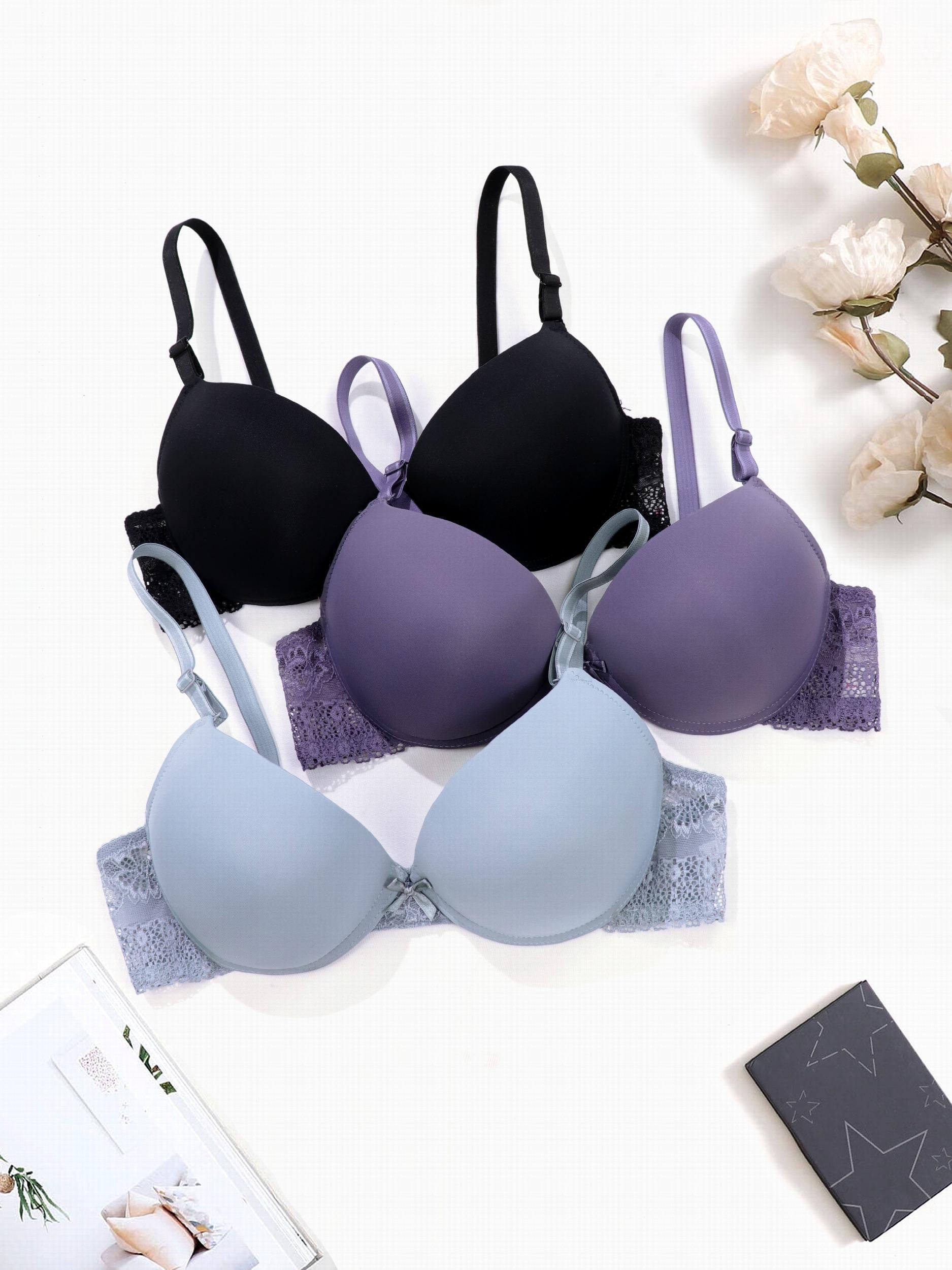 3 Sets Lace Push Up Bras Comfy & Breathable Women's Lingerie