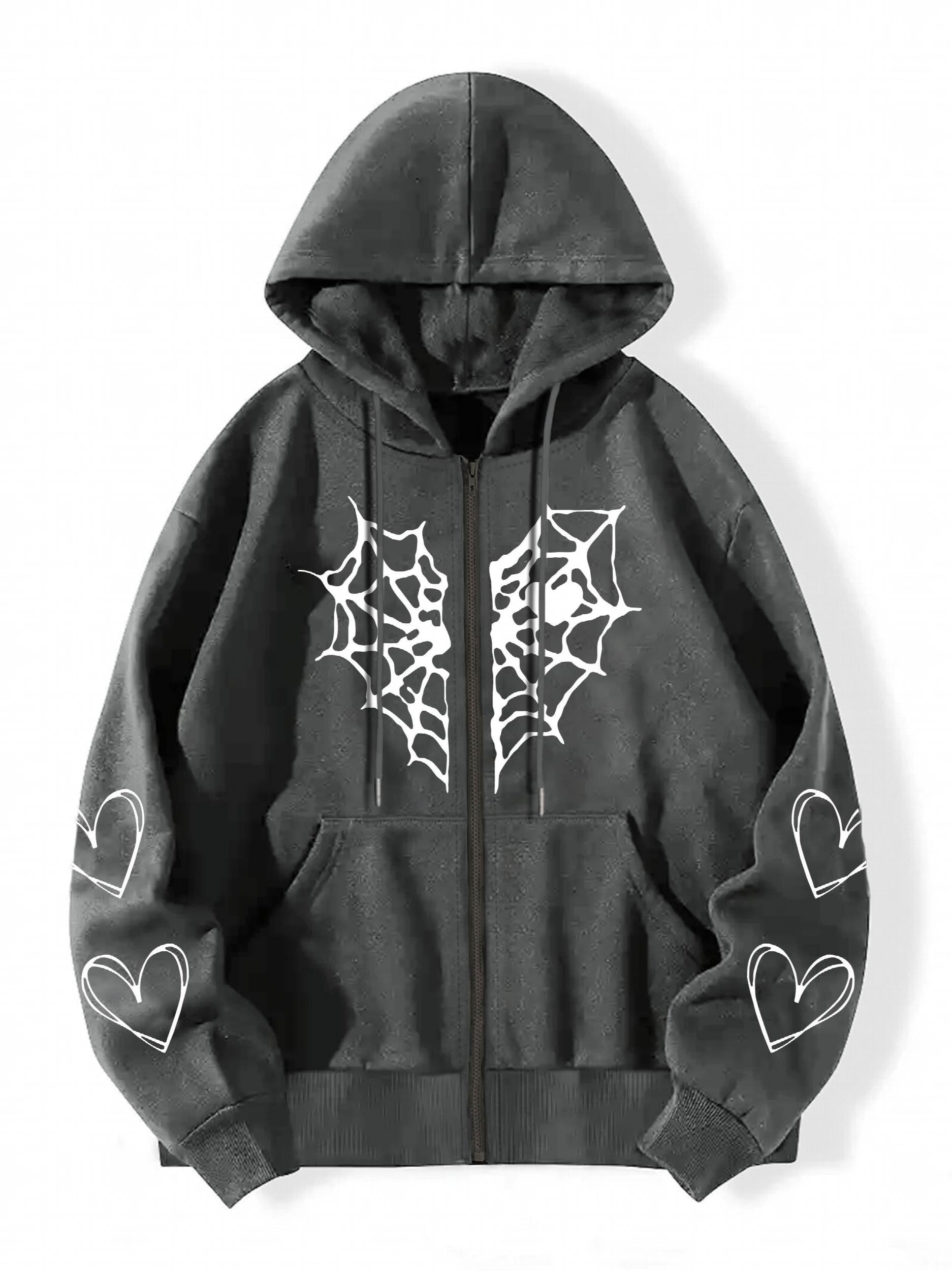 Gothic Heart Print Zip Up Hoodie Casual Long Sleeve Hoodies