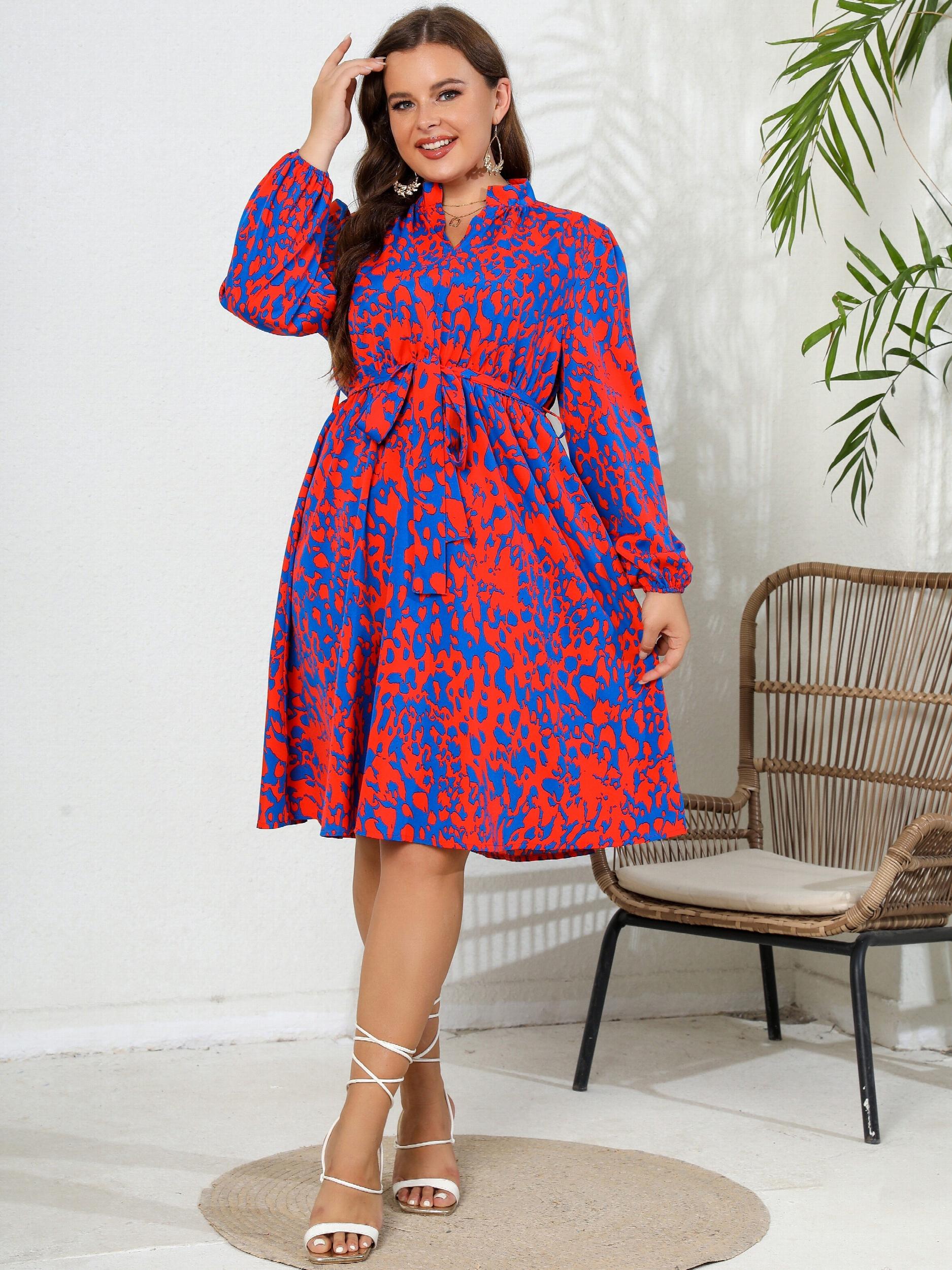  Leopard Print Lantern Sleeve A Line Dress With Belt