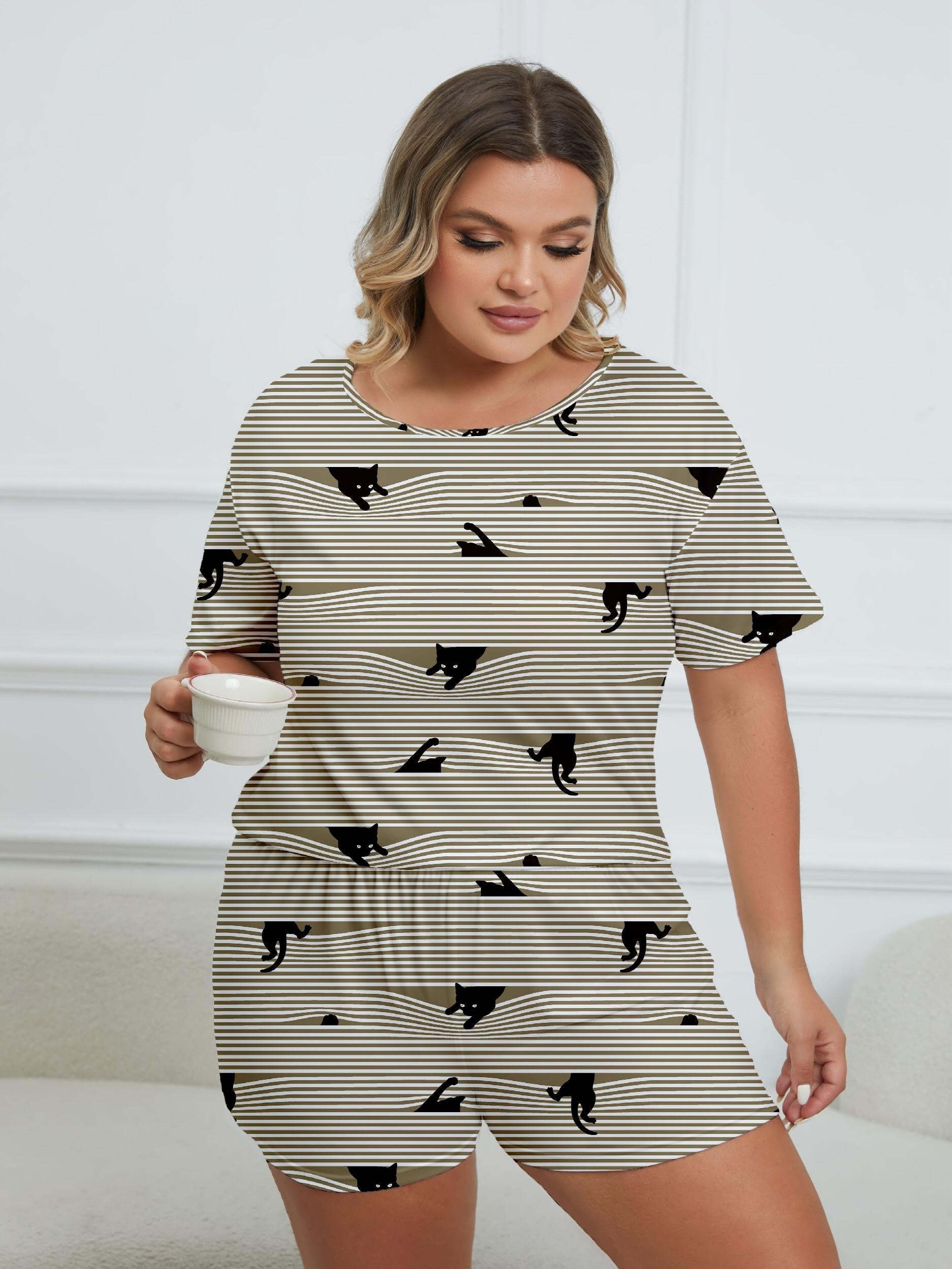  Cat & Stripe Print Pajama Set Round Neck Top & Shorts Two Piece