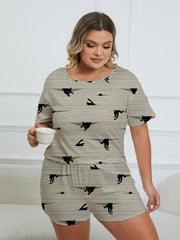  Cat & Stripe Print Pajama Set Round Neck Top & Shorts Two Piece