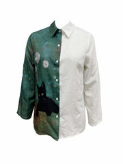  Colorblock Cat Print Button Up Long Sleeve Blouse