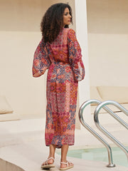 Floral Print Tie Belt Chiffon Cover Up Kaftan V Neck Kimono Sleeve
