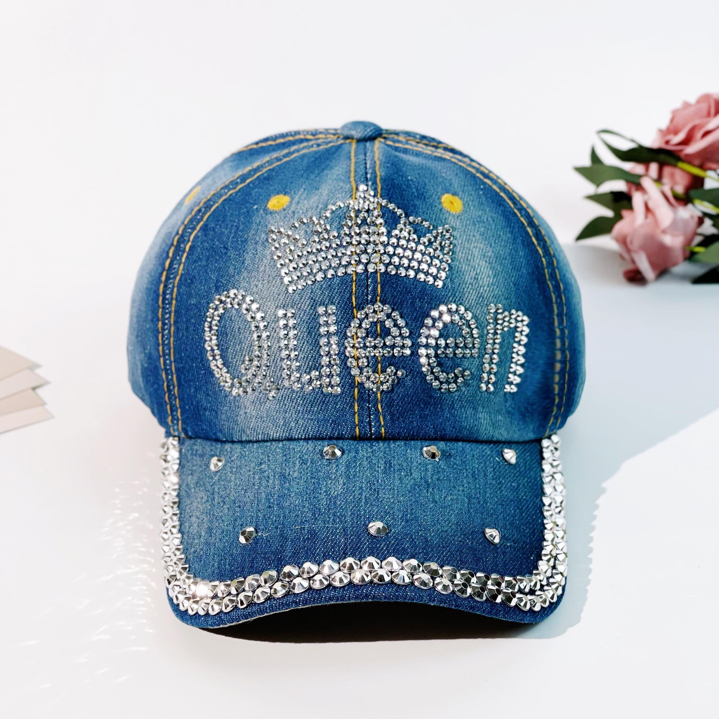 Rhinestone QUEEN Crown Baseball Cap Washed Distressed Sunshade Dad Hat