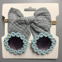 2pcs Baby Girls Bowknot Hairbands & Flower Sunglasses Set