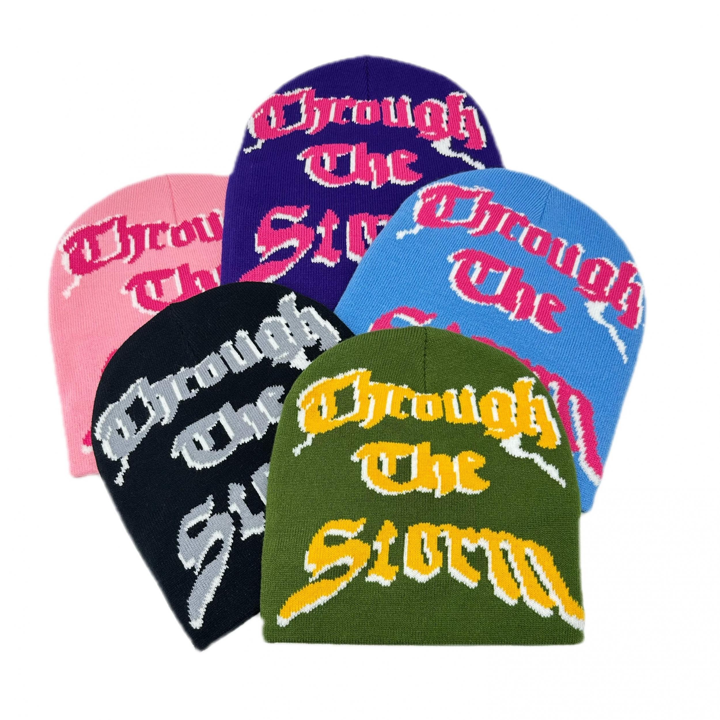 Y2K Beanie Cap Hats with Candy Gothic Letter & Lightning Pattern Unisex