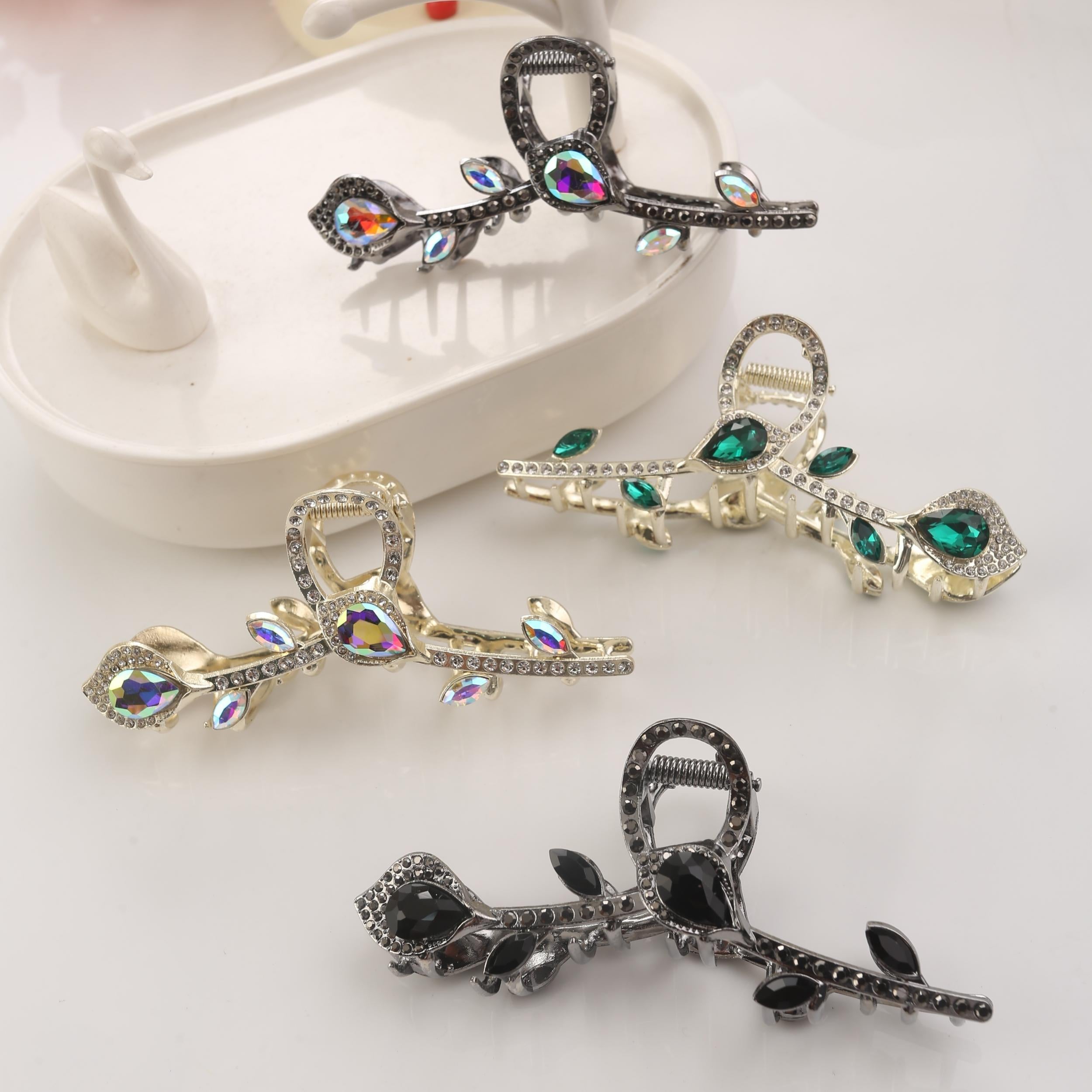 Crystal Leaf Hair Claw Clip Rhinestone Hair Claw Nonslip Ponytail Holder