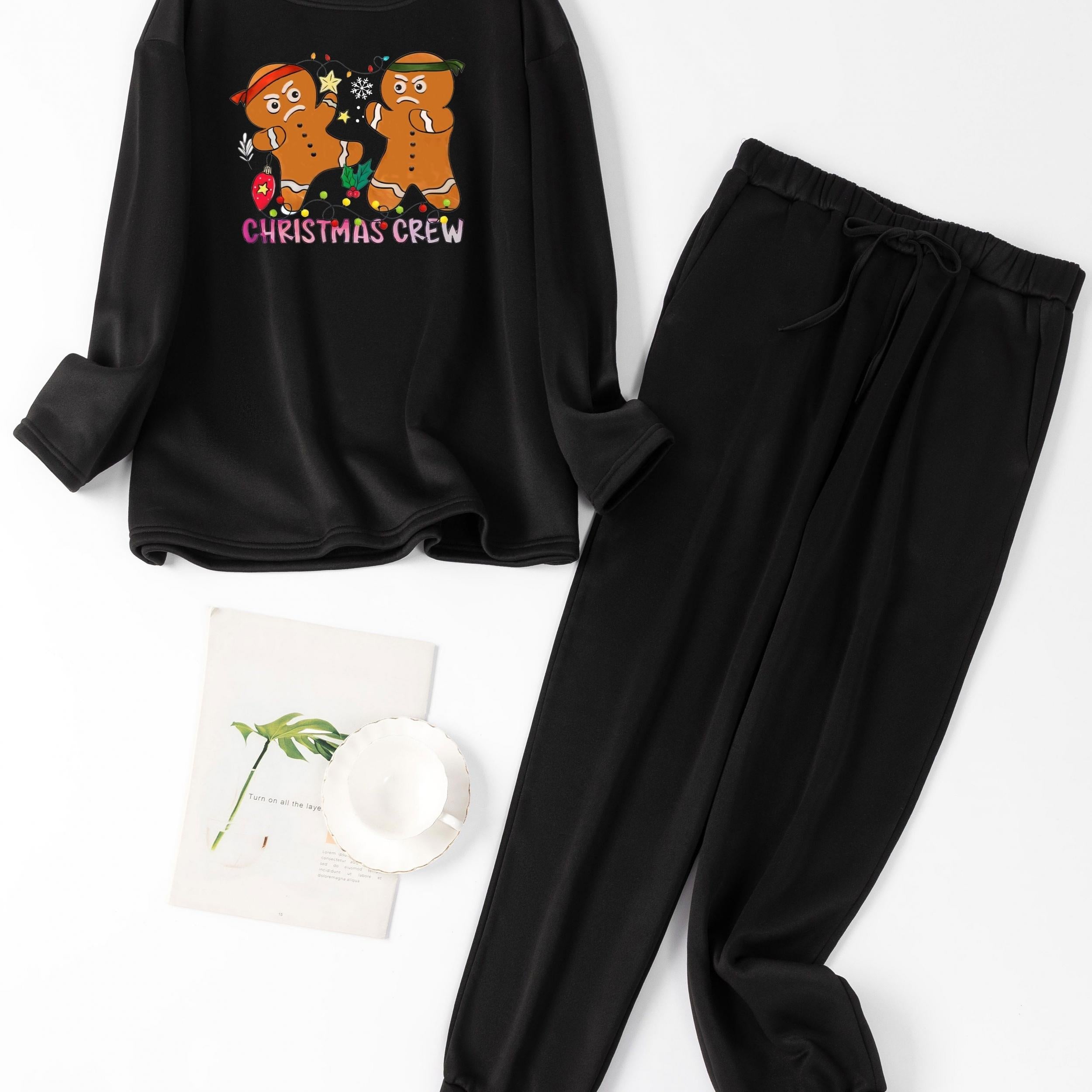  Christmas Lounge Set Women's Plus Christmas Doll & Slogan Print Fleece