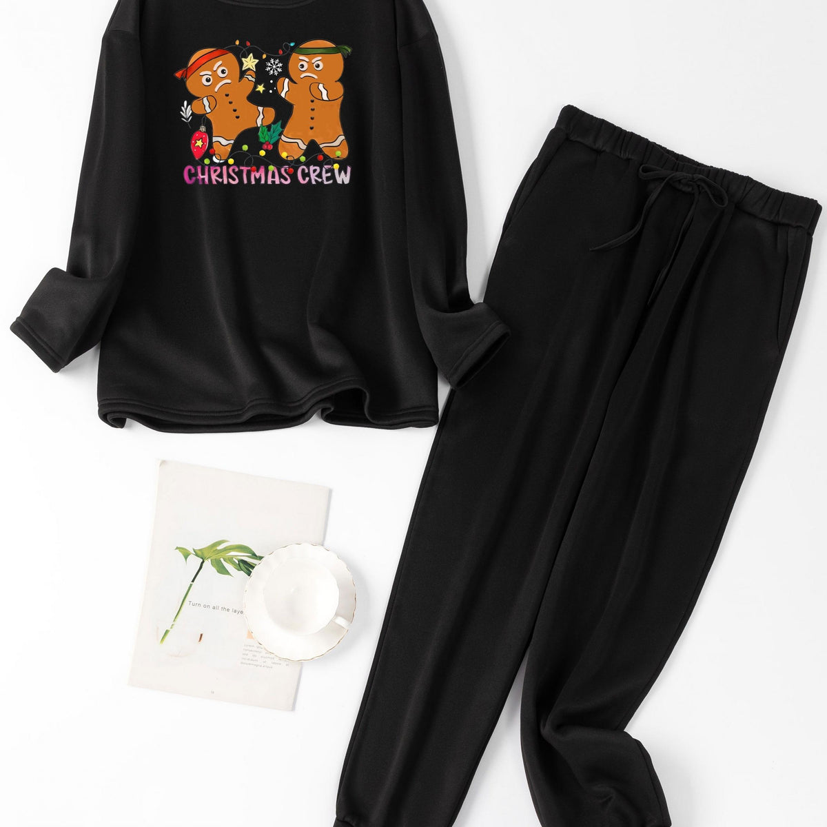  Christmas Lounge Set Women's Plus Christmas Doll & Slogan Print Fleece