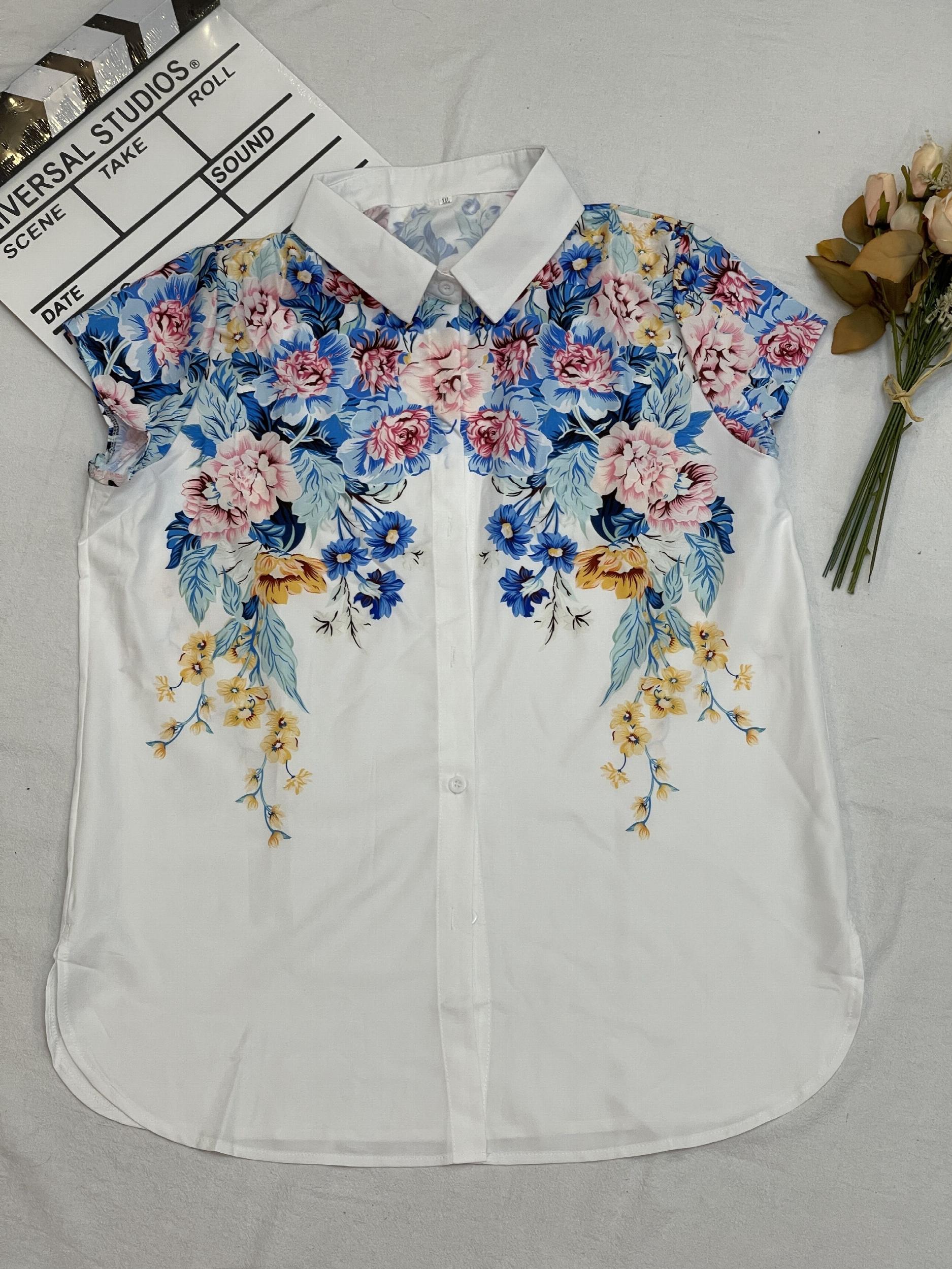  Floral Print Button Up Cap Sleeve Blouse