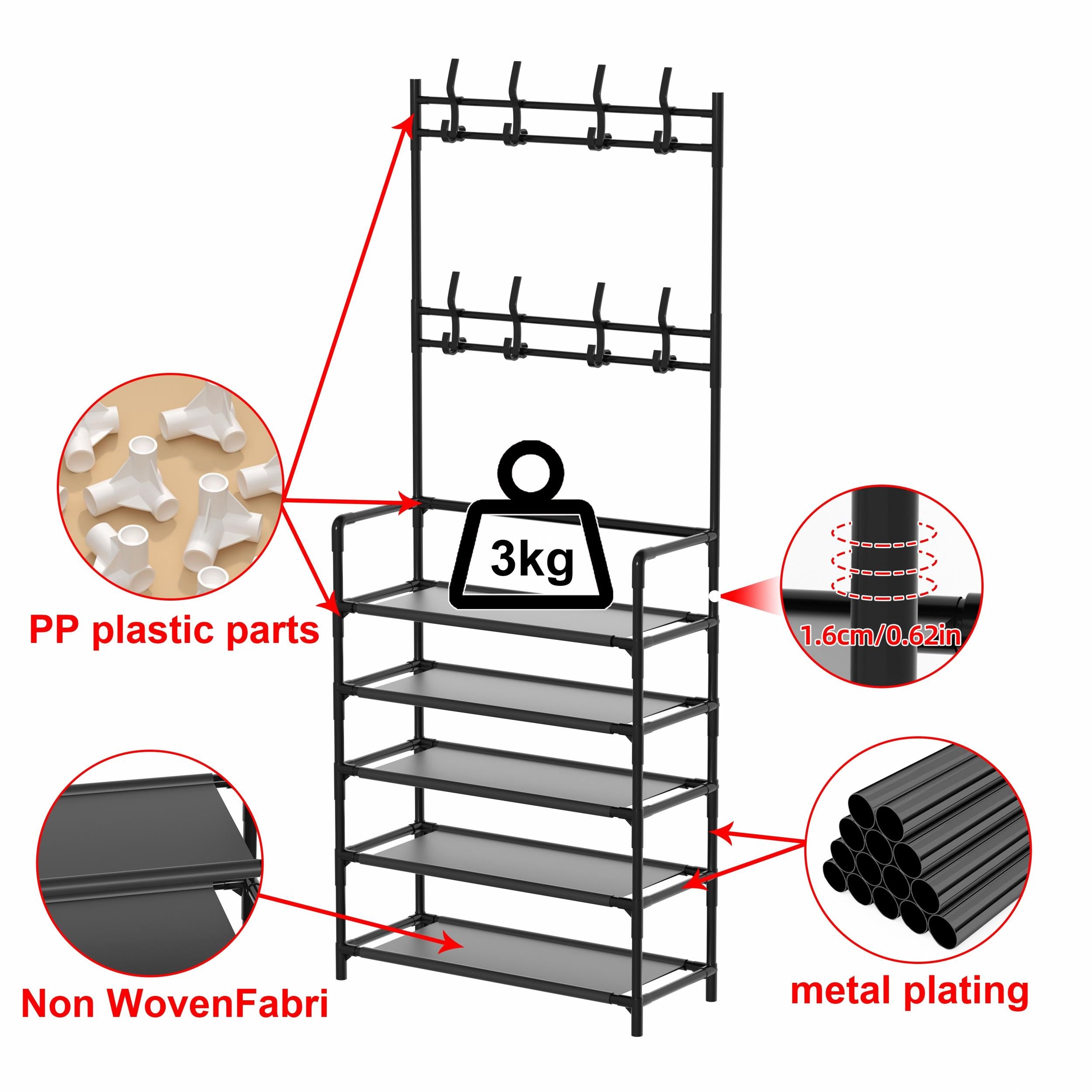Layer Clothes Storage Rack With Shoe Storage Rack, Standing Clothes Metal Stand