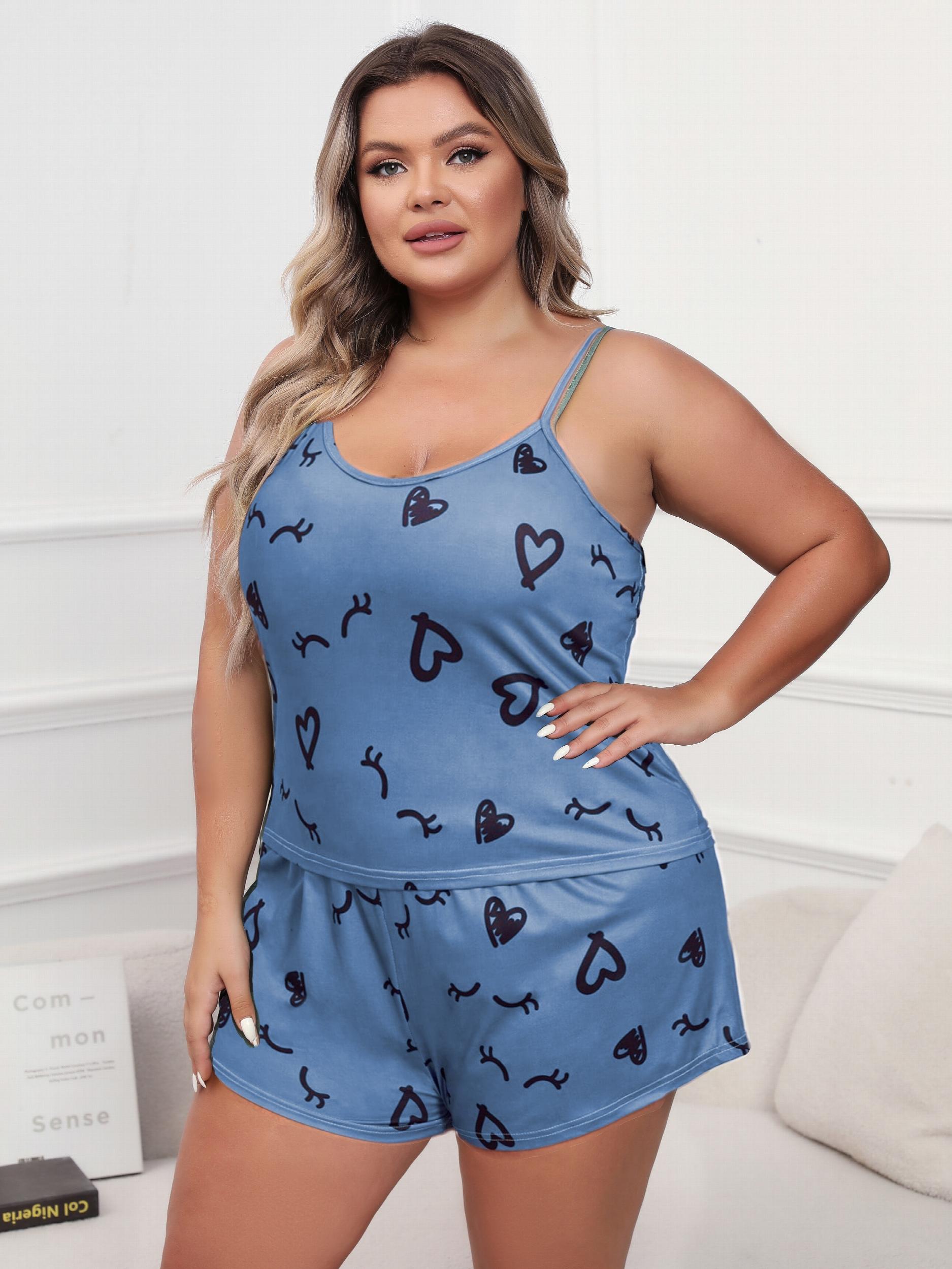  Pajama Set - Eyelash & Heart Print Cami Top & Shorts