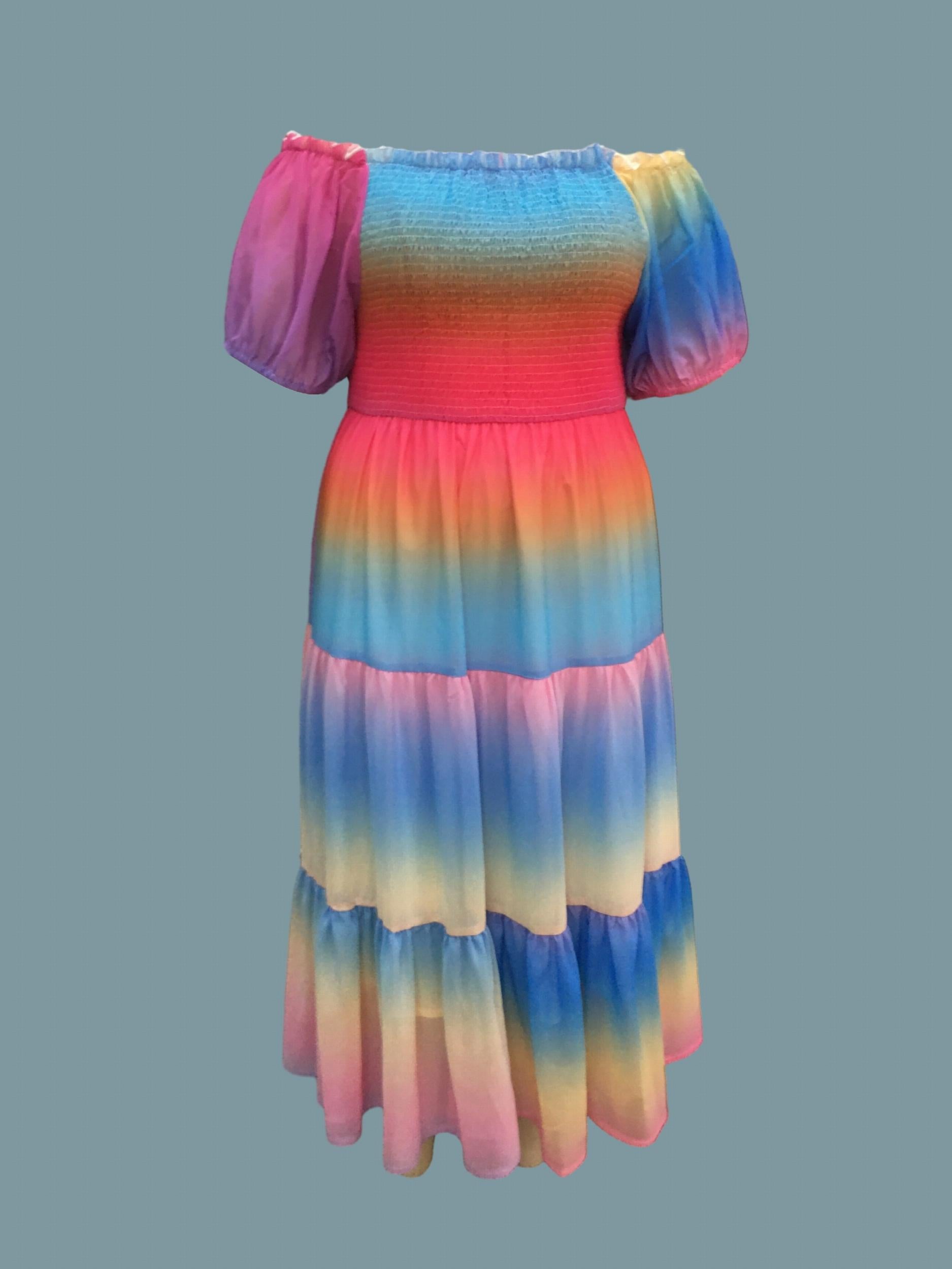 Colorblock Ombre Print Off Shoulder Maxi Dress
