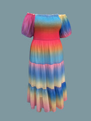  Colorblock Ombre Print Off Shoulder Maxi Dress