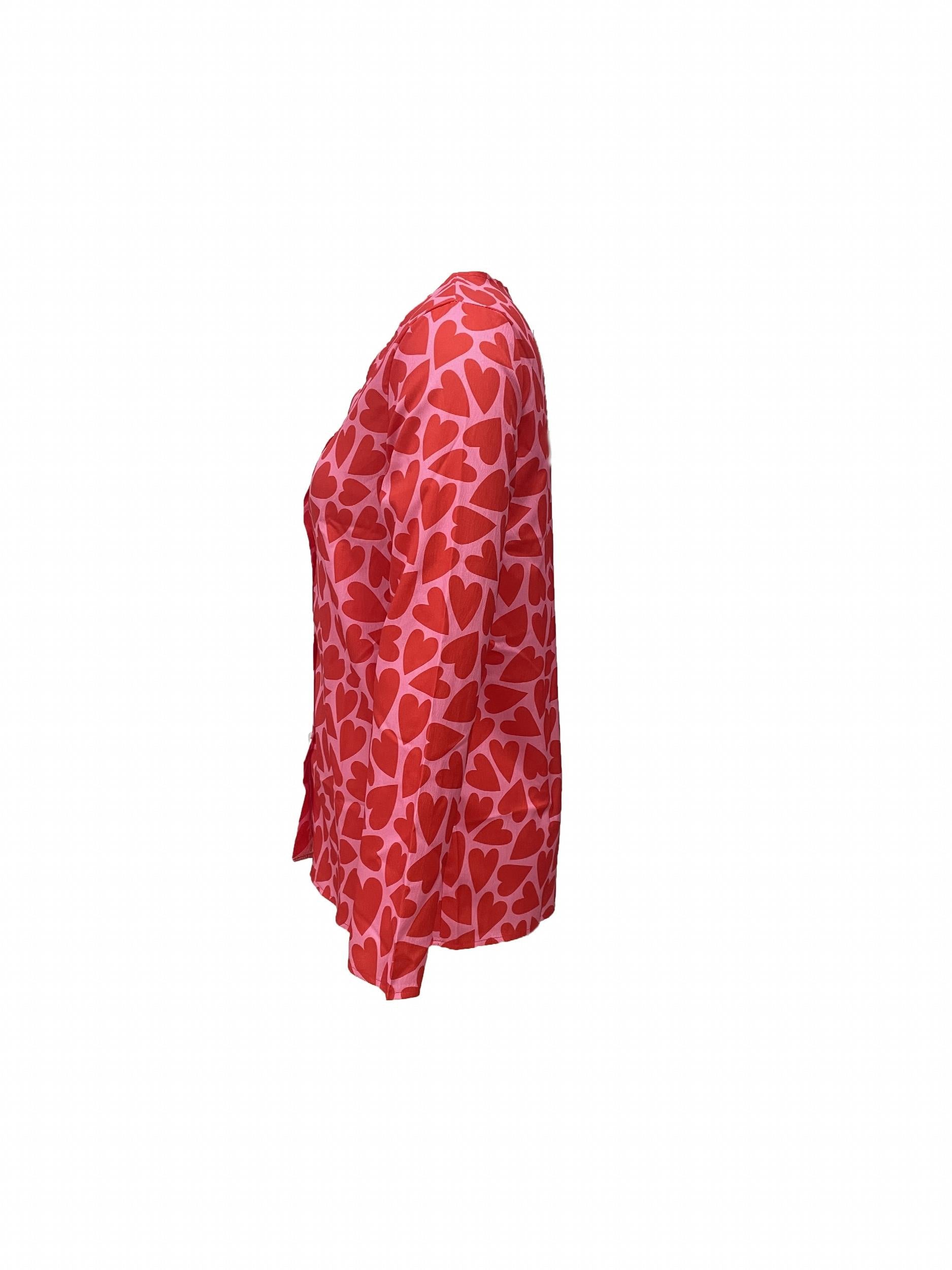  Heart Print Button Up Long Sleeve Blouse