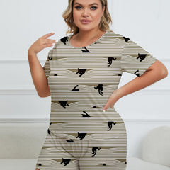  Cat & Stripe Print Pajama Set Round Neck Top & Shorts Two Piece