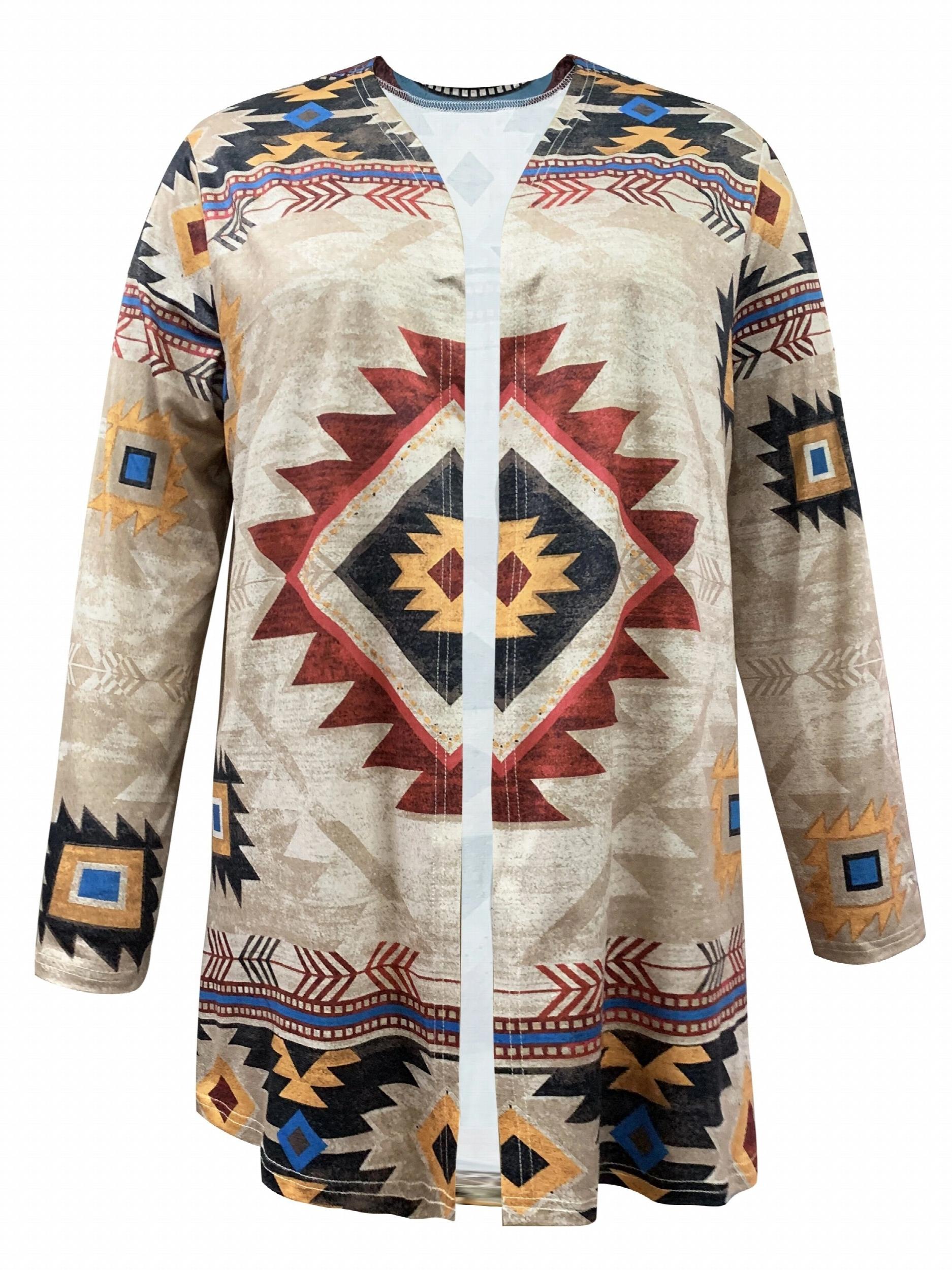  Geometric Print Long Sleeve Open Front Cardigan