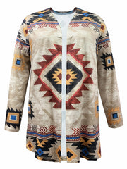  Geometric Print Long Sleeve Open Front Cardigan