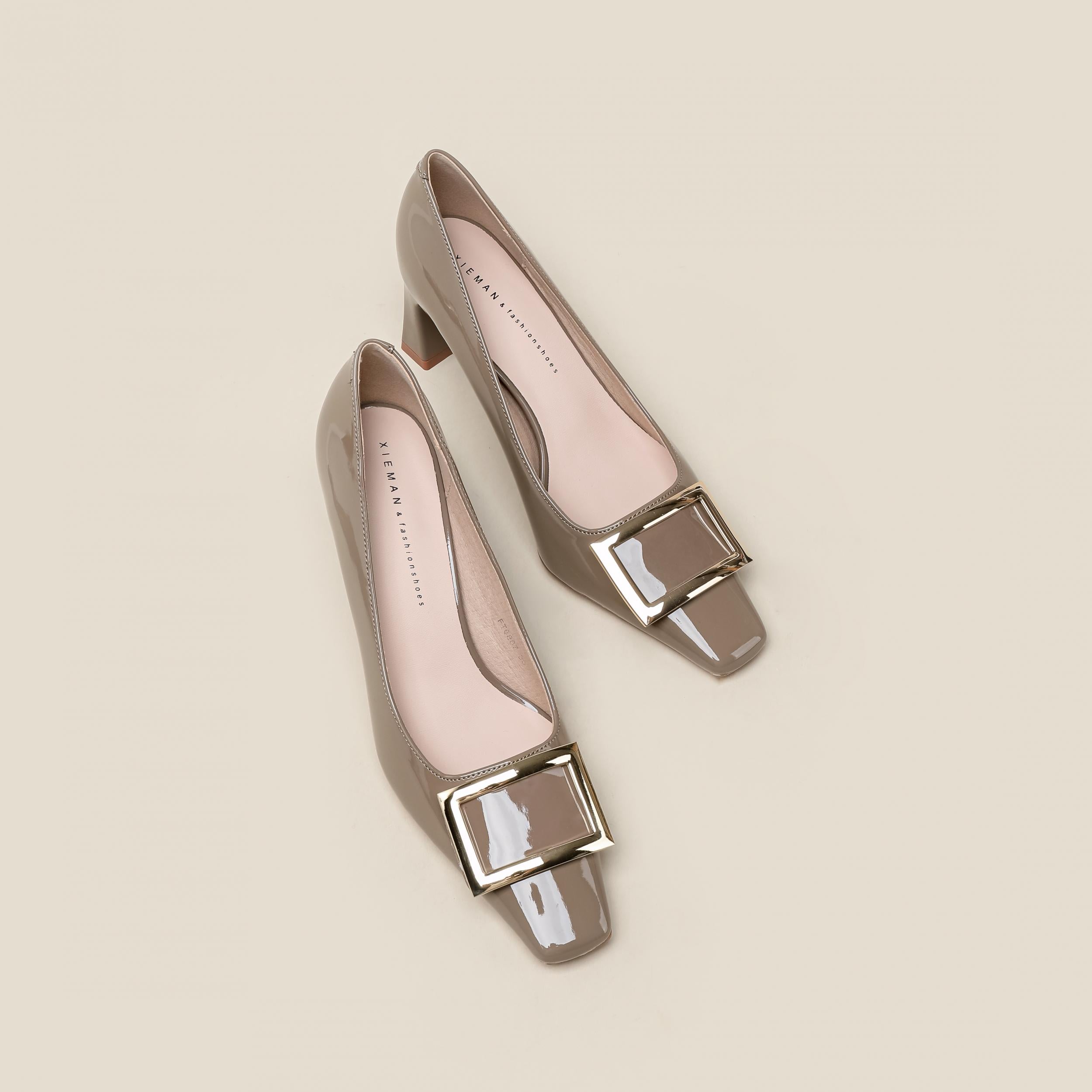 Women's Square Buckle Pumps Square Toe Chunky Heels