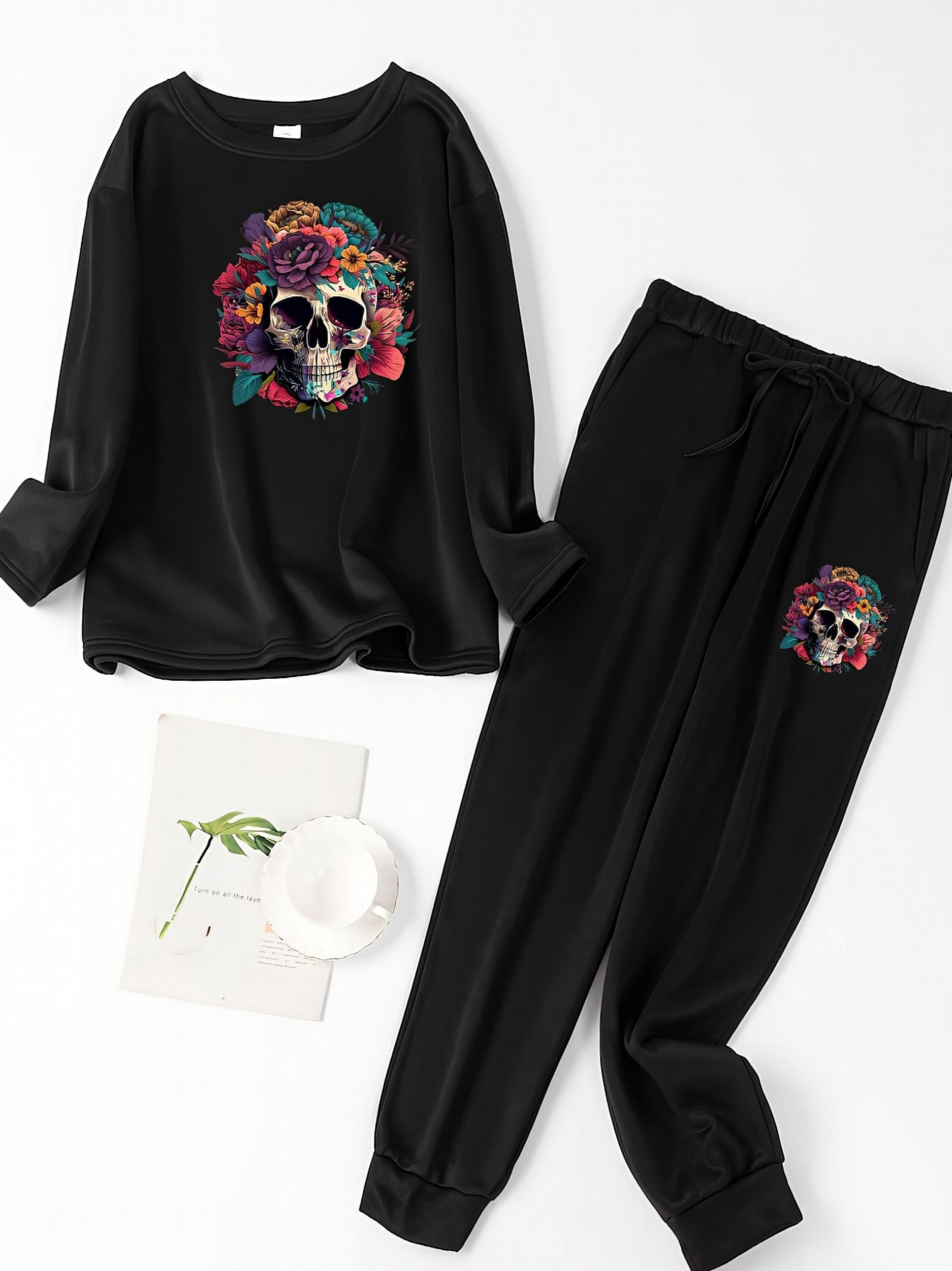  Gothic Lounge Set: Floral Skull Print Tee & Joggers Pajamas