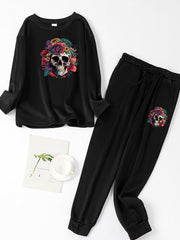  Gothic Lounge Set: Floral Skull Print Tee & Joggers Pajamas