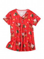 Christmas Cartoon Pajama Set Short Sleeve V Neck Top & Pants