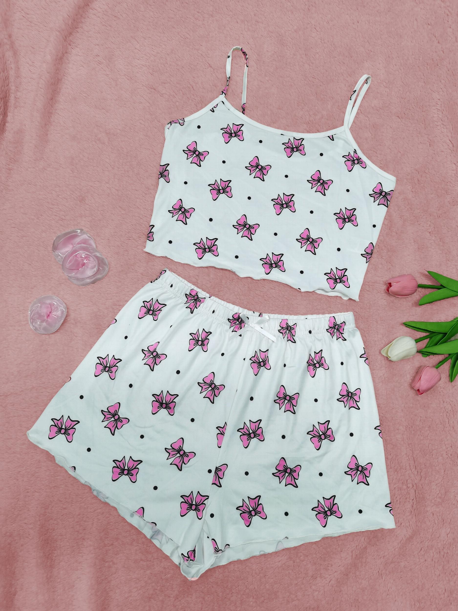 Bow Print Pajama Set Crew Neck Cami Top & Shorts Sleepwear Loungewear