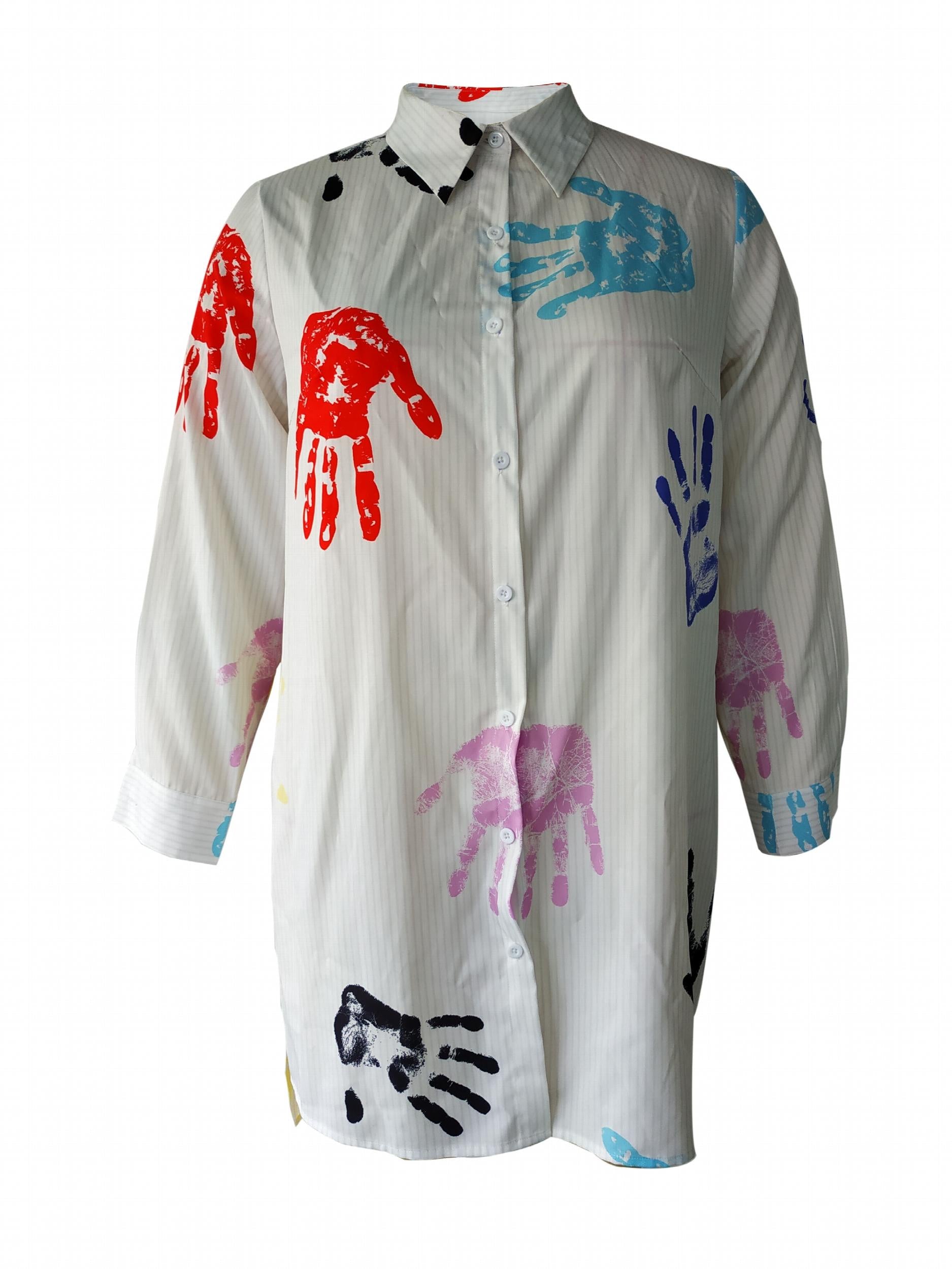  Graphic Print Long Sleeve Polo Neck Blouse