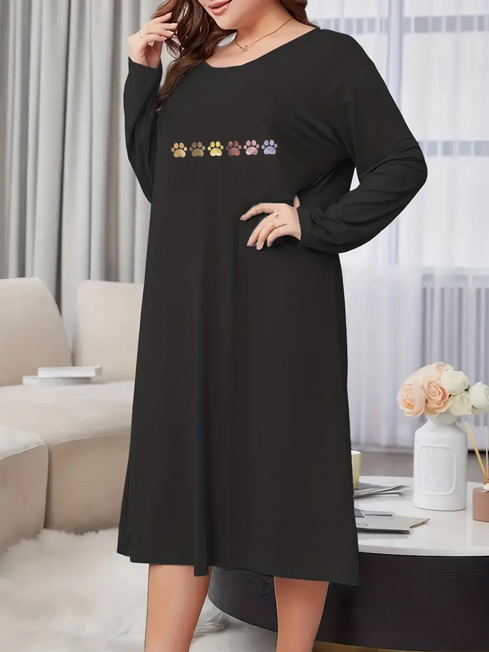  Nightdress Women's Plus Cat Paw Print Long Sleeve Round Neck