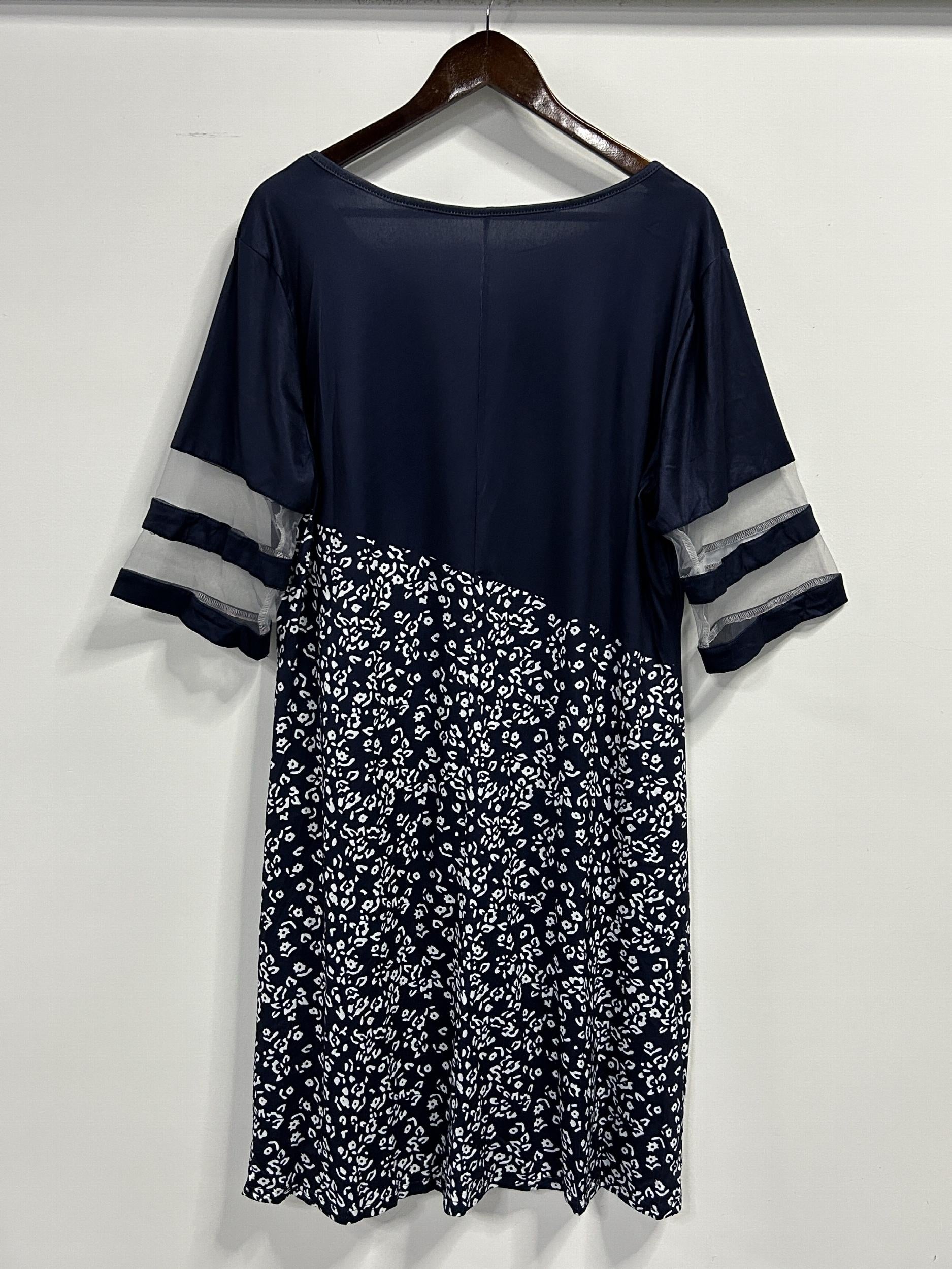  Boho Dress Colorblock Floral Print Mesh Sleeve Stretch Dress