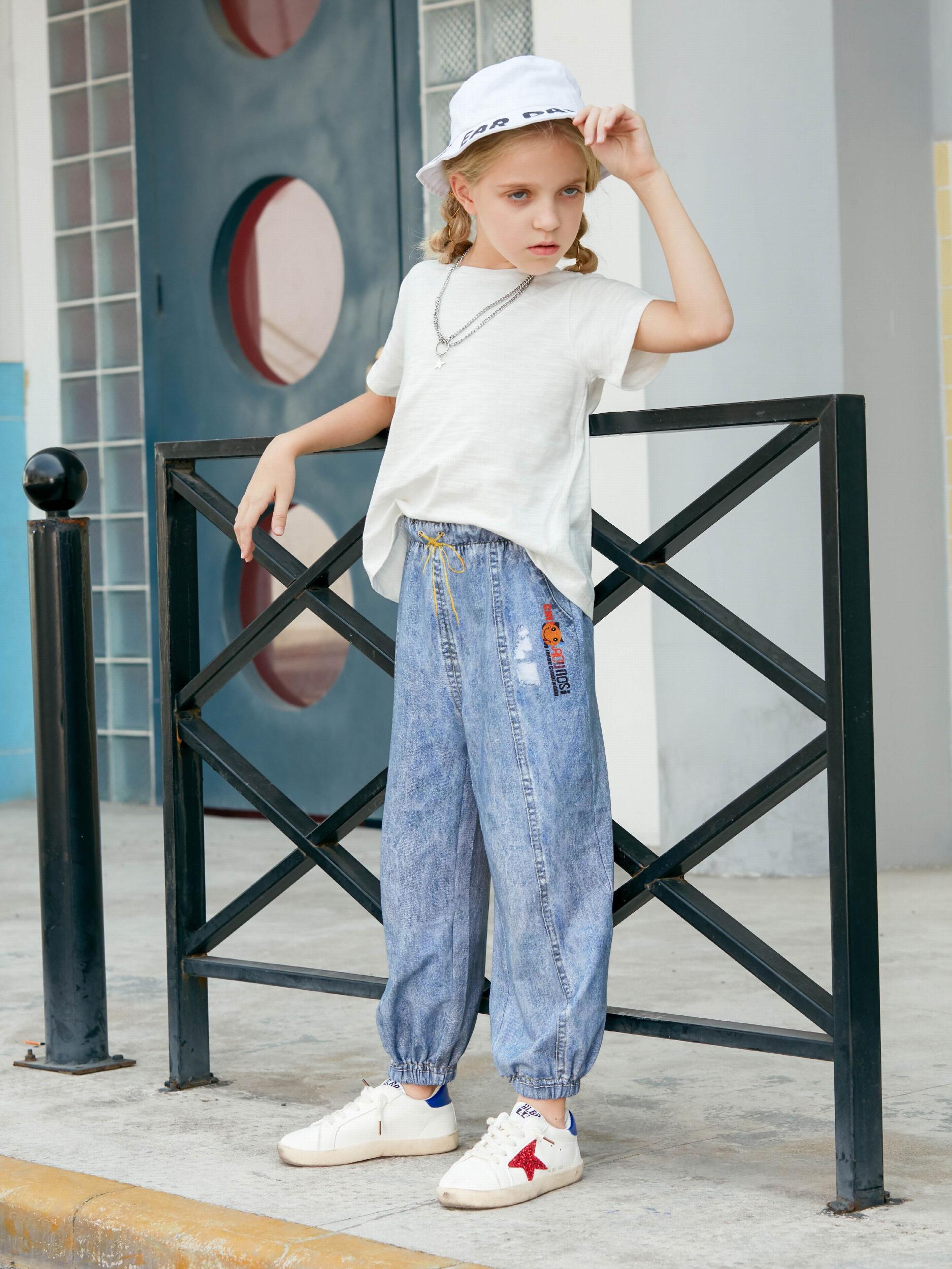 Kids Faux Denim Cotton Trousers Soft Washed Non-fading